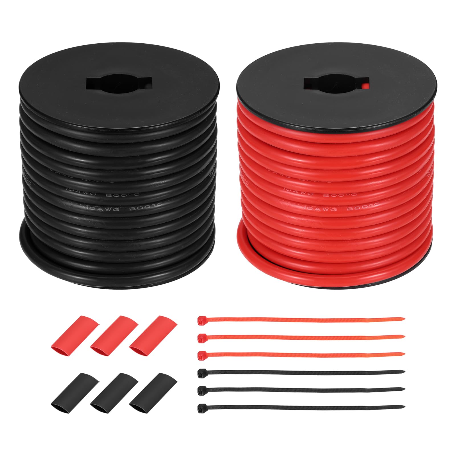 sourcing map 2pcs 10 AWG Silicone Electrical Wire Spool, 10 Gauge 15.2m/50ft Tinned Copper Electrical Wires with Heat Shrink Tubing & Cable Ties for Automotive, RV Inverter - Red & Black