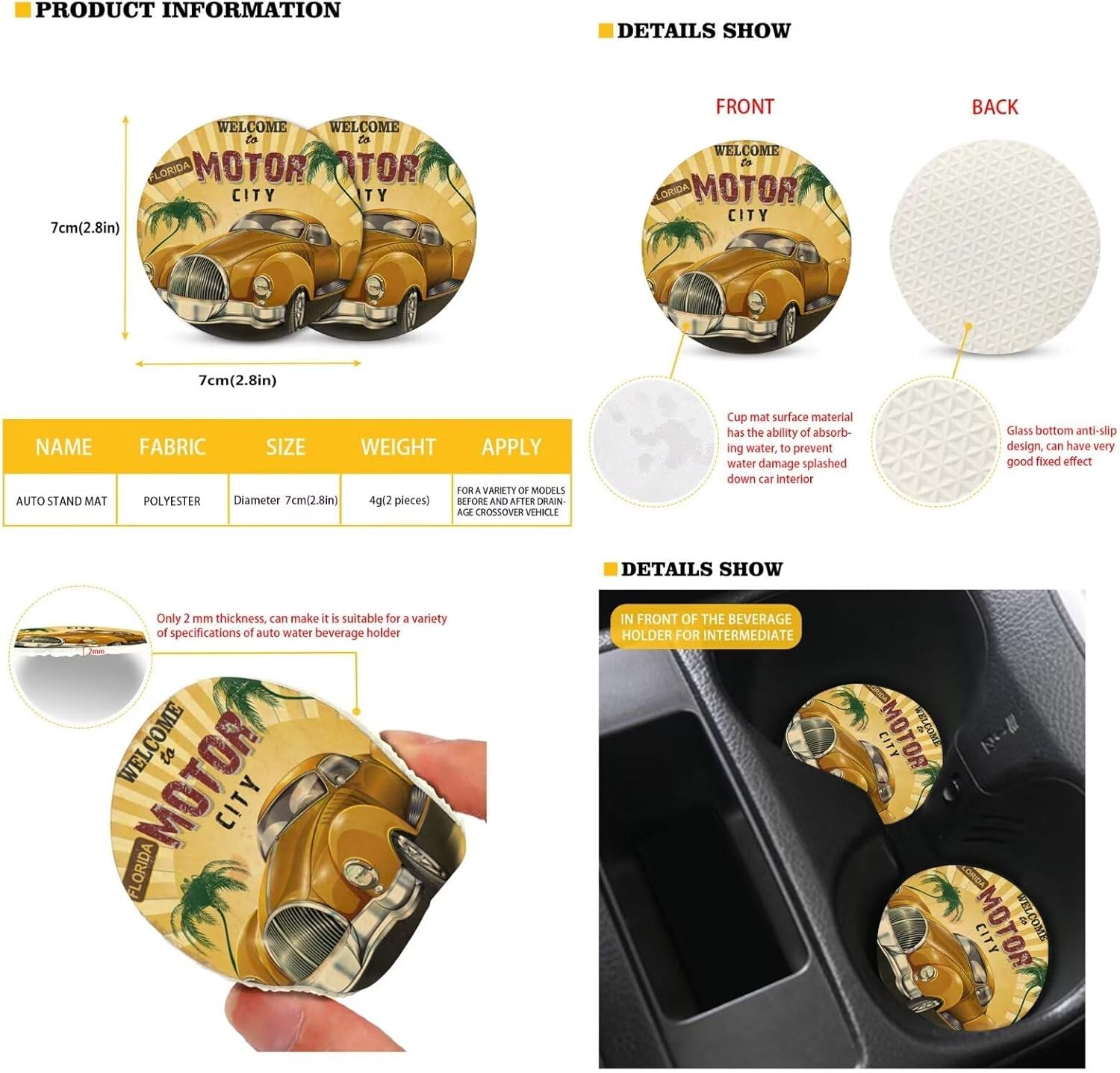 Music Palm Trees 12 Pcs Car Seat Covers Full Set, Auto Seat Covers Steering Wheel Cover Coasters Seatbelt Covers Pads Armrest Handbrake Cover for Cars Trucks SUVs