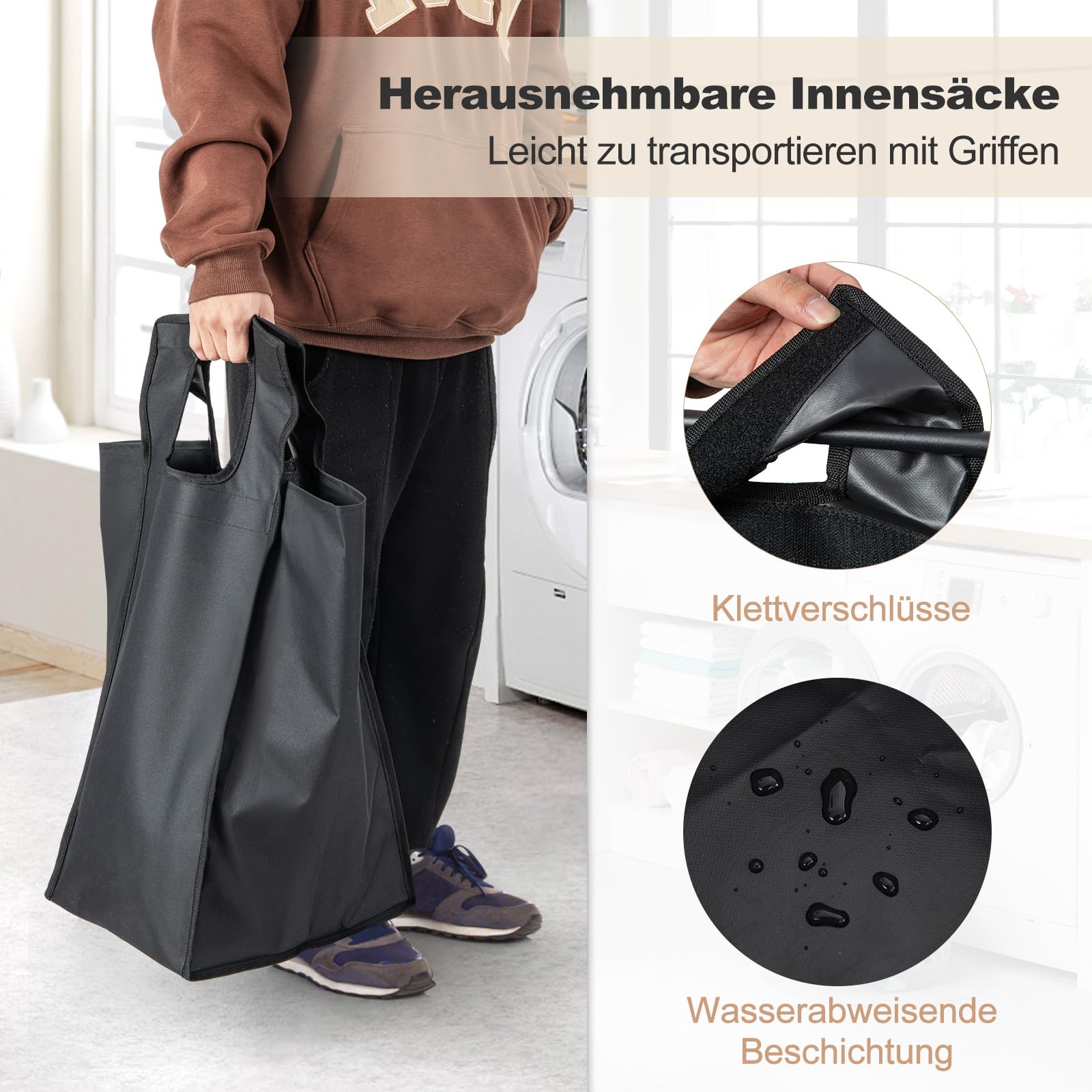 GOPLUS Wäschekorb mit Ablage, Wäschesammler mit 3 Fächern & abnehmbaren Innentaschen & Griffen, Wäschebox für Schmutzwäsche für Waschküche, Badezimmer, Schlafzimmer