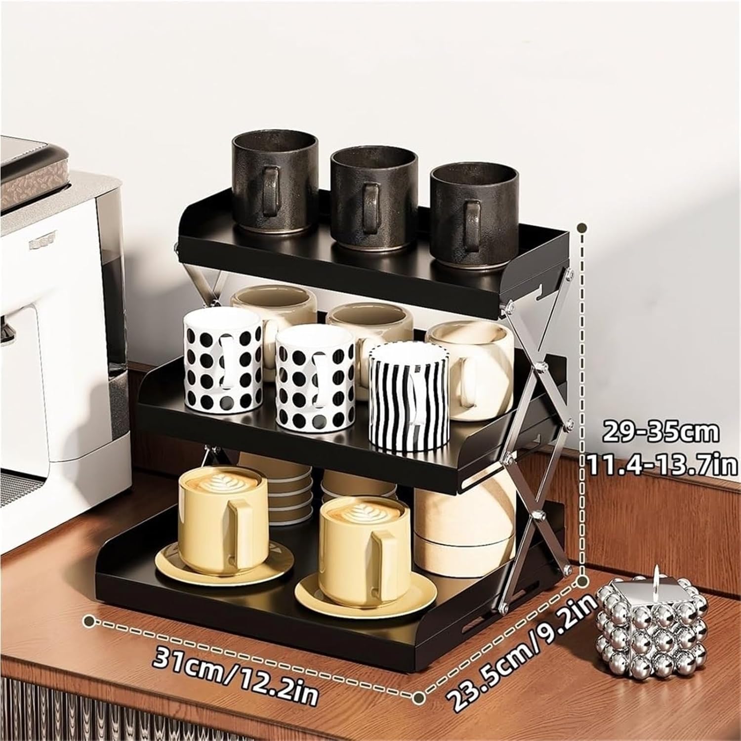 3 Layer Foldable Metal Storage Rack with Coffee Cup Holder Countertop Organizer for Kitchen, Bathroom Living Room Solid Construction(White)