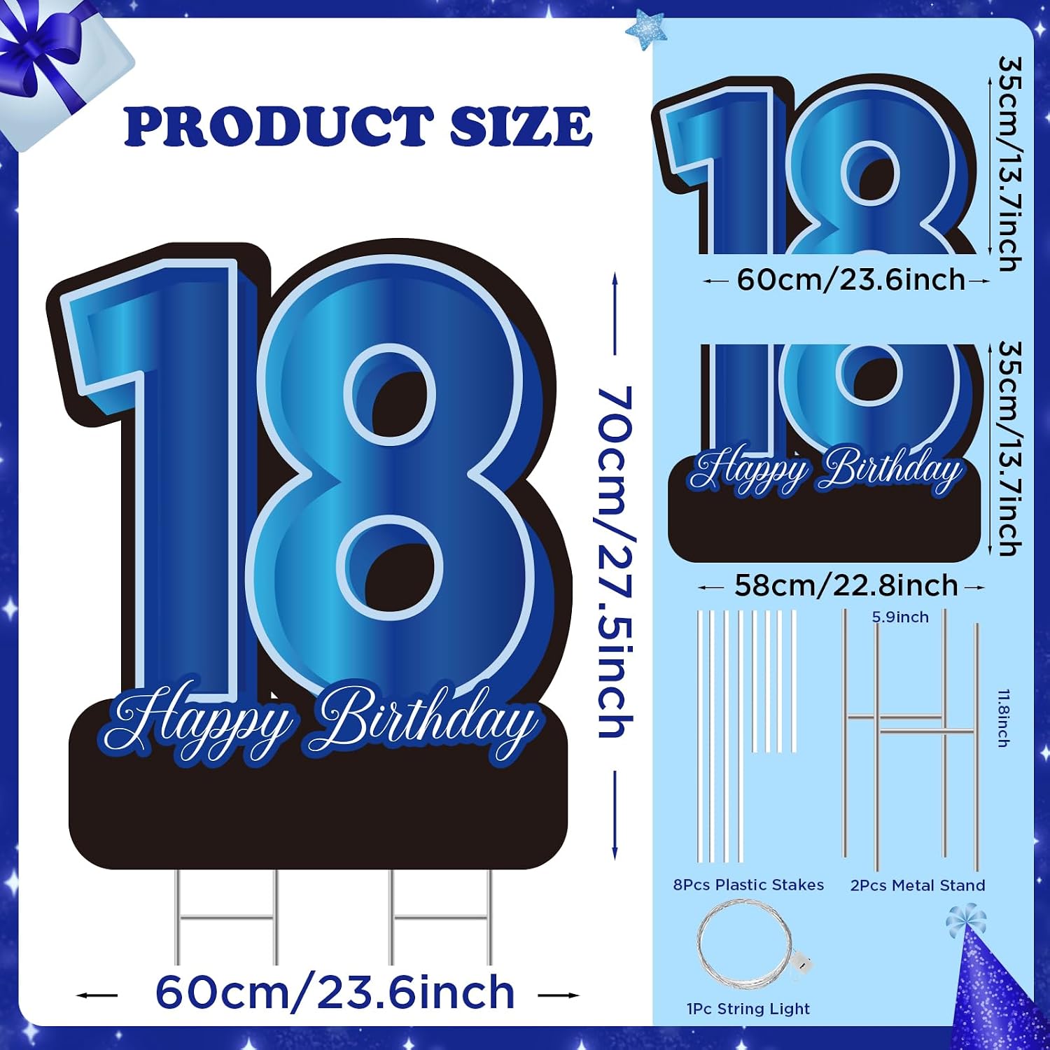27.5 Inch 18 Happy Birthday Large Yard Signs Personalized Name 18th Lawn Sign Black Blue LED Light Strings With Stakes for Boys Outdoor Celebrations Party Supplies