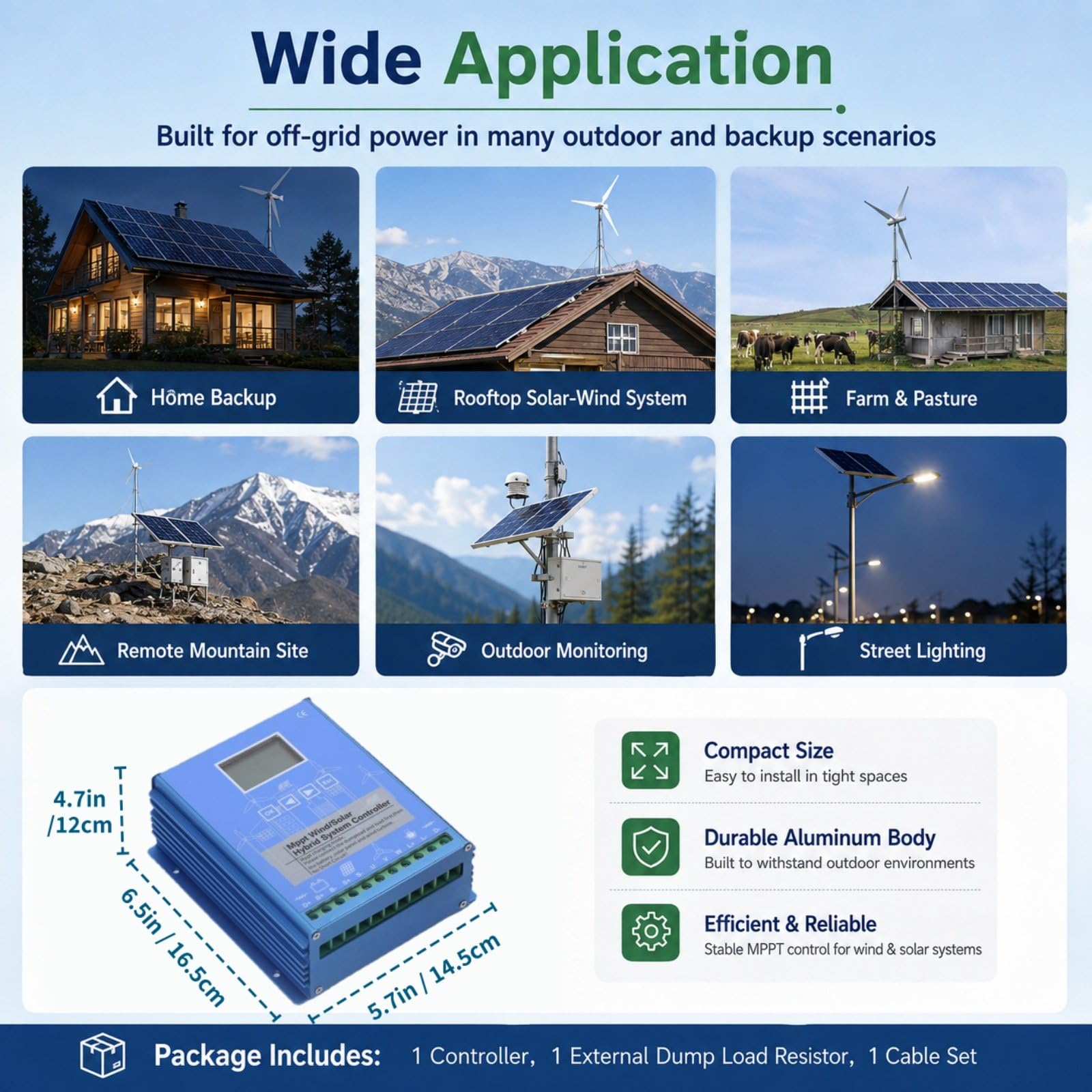 15000W Regolatore Eolico Solare, Carica Ibrida MPPT 12V/24V/48V 24V/15000W | Doppia Alimentazione, Corpo in Alluminio, Display LCD per Casa, Barca, Illuminazione Esterna