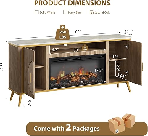 Miniatura 2 de Soporte de TV con chimenea acanalada de hasta 80 pulgadas, moderno centro de entretenimiento con chimenea eléctrica de 30 pulgadas, consola Roble