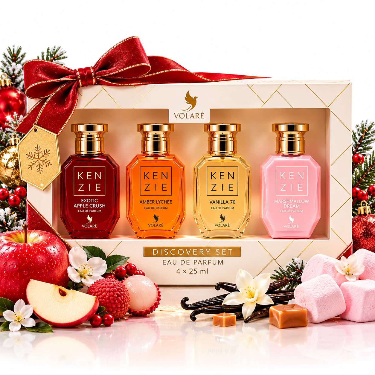 Volaré Kenzie - Cofanetto Profumo Donna 4 x 25 ml - Eau de Parfum - Exotic Apple Crush, Amber Lychee, Vanilla 70 e Marshmallow Dream - Cofanetto Regalo Donna