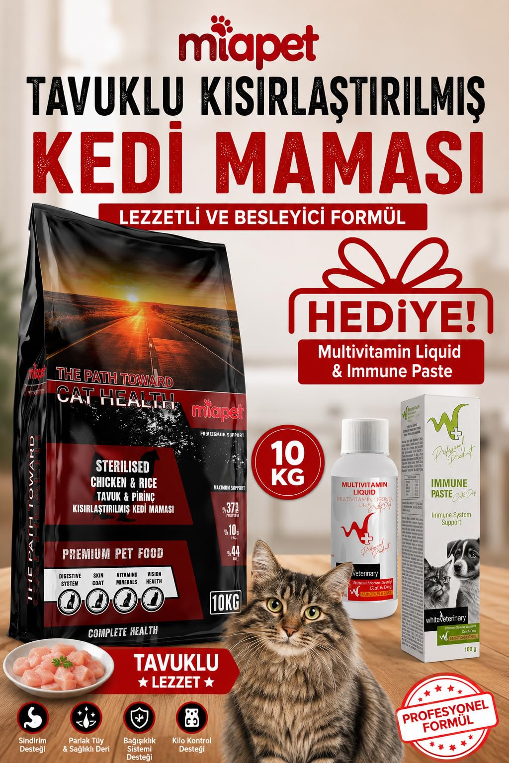 Miapet Tavuklu Kısırlaştırılmış Kedi Maması Sterilised Multivitamin Liquid 100 ml Hediyeli 10 KG