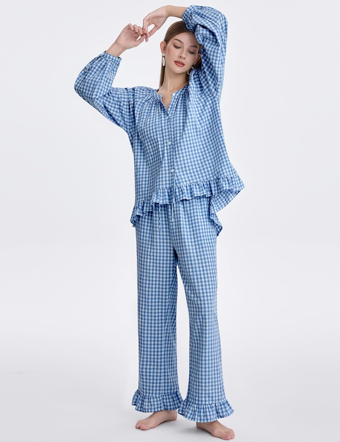 COZYPOIN Womens Plaid 2 Piece Pajamas Sets Cotton Gingham Puff Long Sleeve Cute Shirt Ruffle Pants Y2K Pjs Lounge Set - Image 5