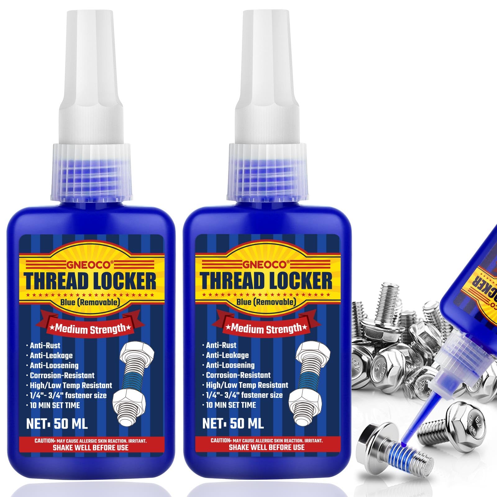 Thread Lock Blue 50 ml x 2, fijador de roscas de resistencia media, bloqueador de roscas para tuercas, pernos, sujetadores y metales, pegamento de tornillo de curado anaeróbico para evitar que