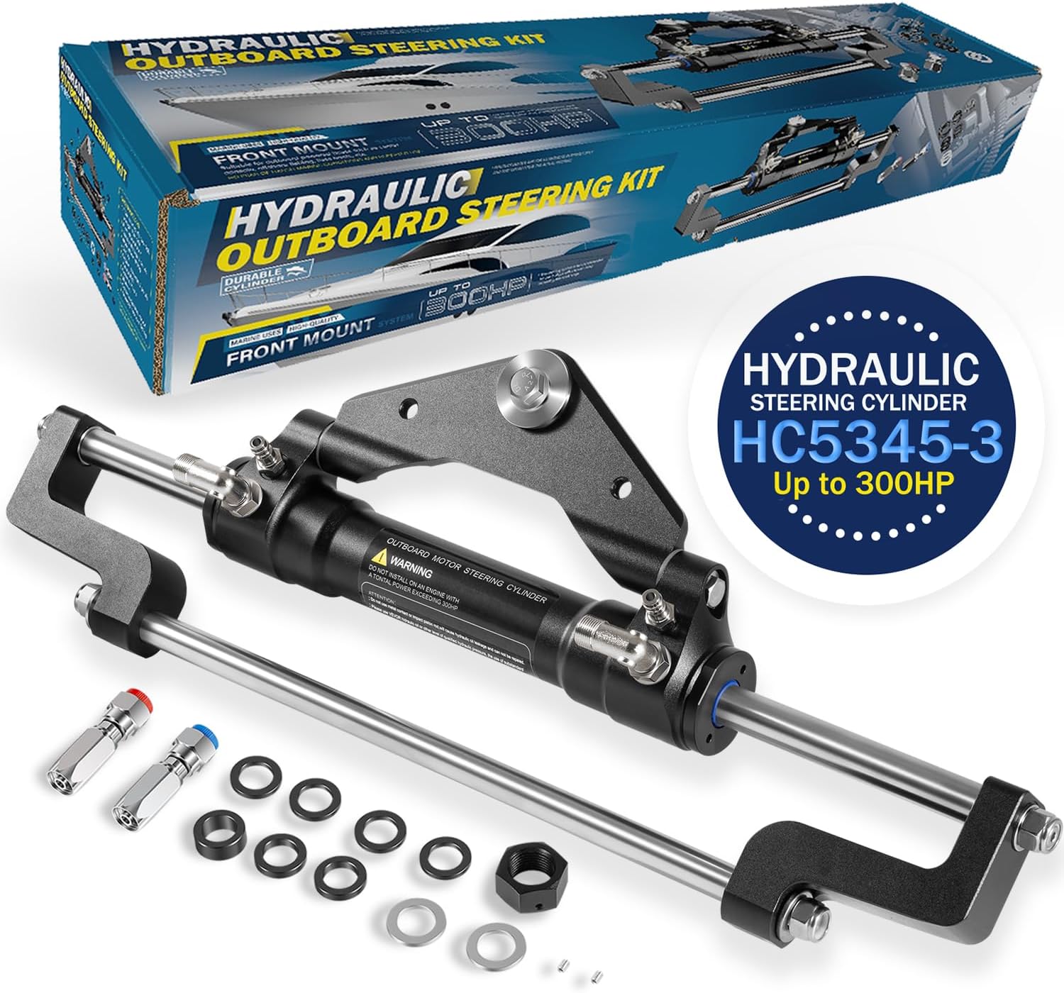 300HP HC5345-3 Hydraulic Steering Cylinder - 10.3MPa/1500PSI Pressure for Outboard Boats up to 300HP, Front-Mount Aluminum Alloy Cylinder with Two-Way Lock Valve & ORB Fittings-for Single/Twin Engines