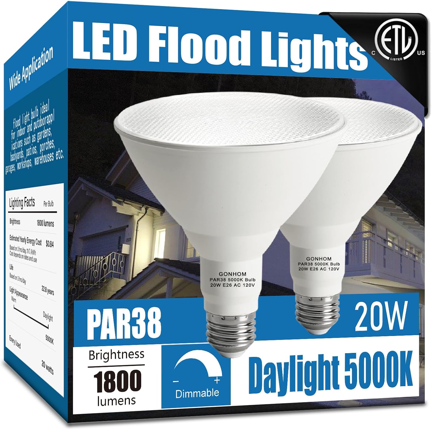 Packaging for Gonhom PAR38 LED Flood Light Bulbs, showing two bulbs and key features like 1800 lumens and 5000K daylight.