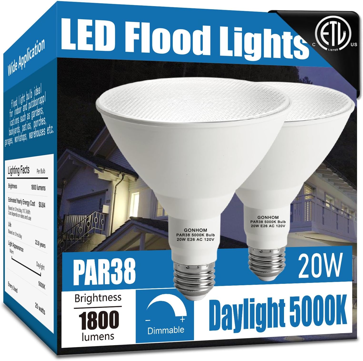 Par38 led Flood Lights Outdoor Light Bulb,Dimmable 1800LM,20W Replace up to 200W,Outdoor Flood Light Bulbs for Backyard,Garage,Porch,Garden,2 Pack 5000K Daylight