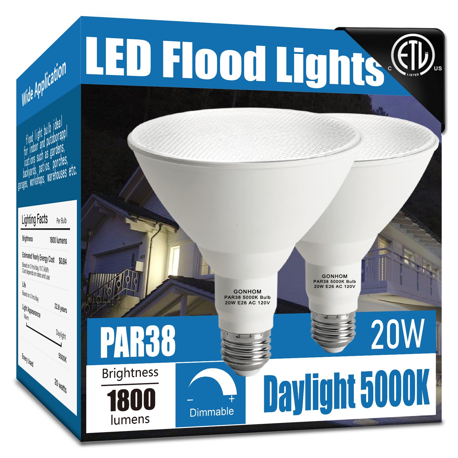 Par38 led Flood Lights Outdoor Light Bulb 2 Pack,Dimmable 5000K Daylight 1800LM,20W Replace up to 200W,Outdoor Flood Light Bulbs for Backyard,Garage,Porch,Garden