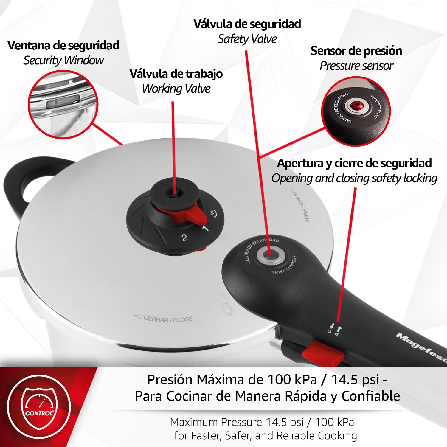 Magefesa EasyClick - Olla Express Rápida de 6 Litros, Acero Inoxidable 18/10, Apertura Fácil, Todo Tipo de Cocinas, Inducción, 2 Modos de Presión