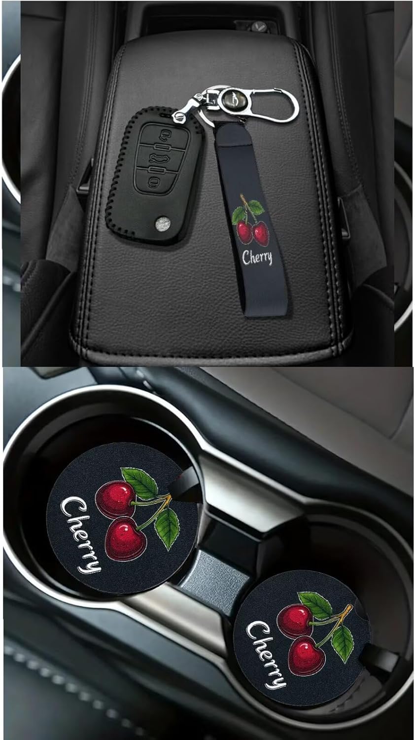 Cherry Car Interior Seat Covers 15 Pcs Easy to Install Auto Accessories with Seat Belt Cover, Steering Wheel Cover, Cup Holder, Key Chain, Car Decor Gift for Holiday