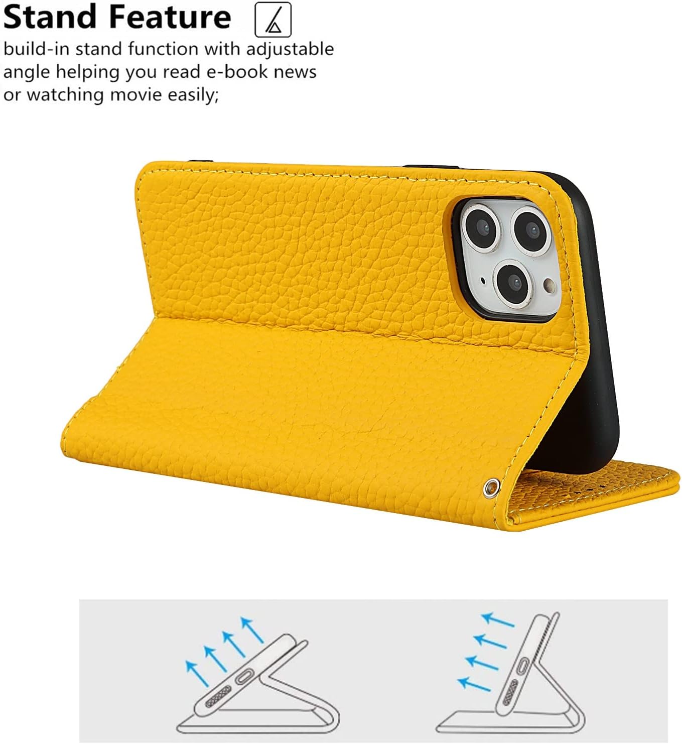 iCoverCase Compatible with iPhone 11 Pro Max Wallet Case with Credit Card Holder and Wrist Strap, RFID Blocking Genuine Leather Flip Magnetic Phone Cover 6.5 Inch (Yellow)