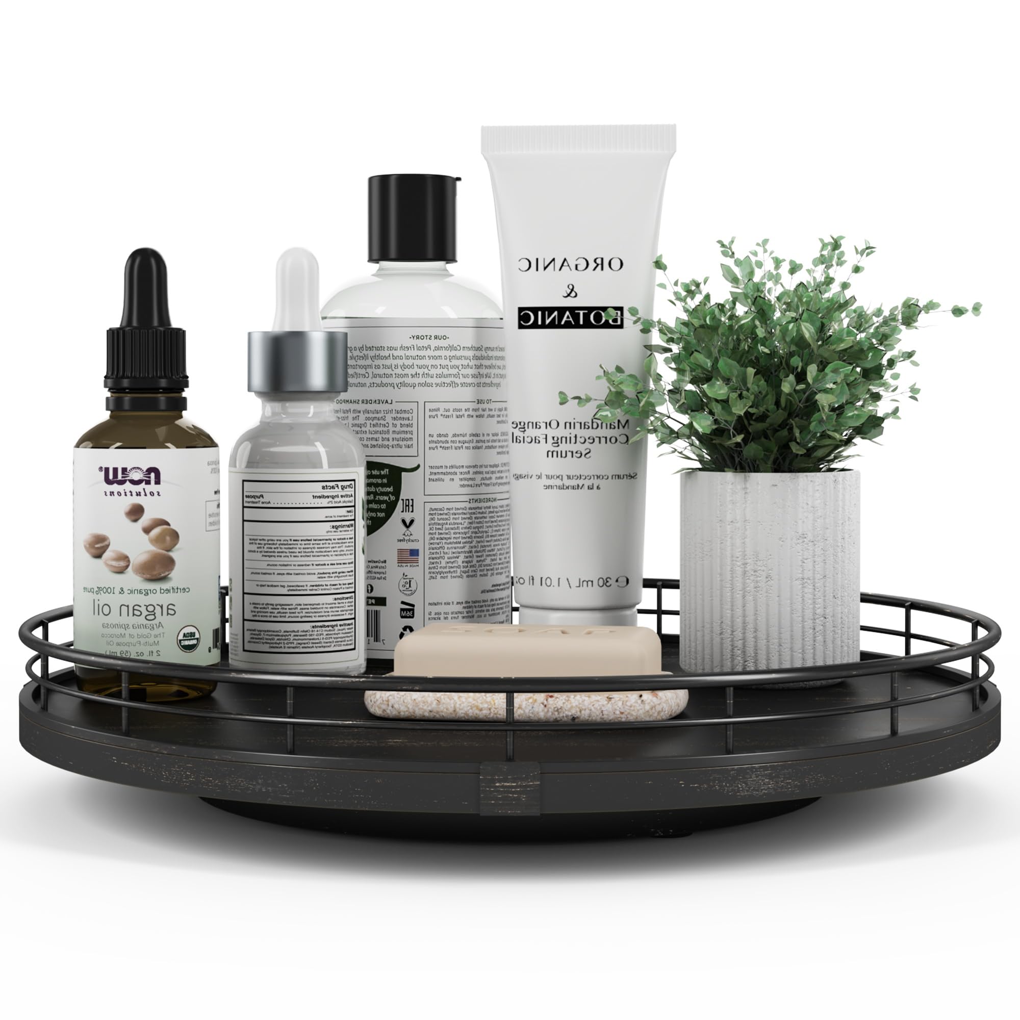 12" Oak Bathroom Vanity Tray Turntable for Perfume Candle, Round Wooden Decorative Tray for Kitchen Sink Countertop Organizer, Bathroom Counter Organizer for Skincare Makeup, Farmhouse Black Gold