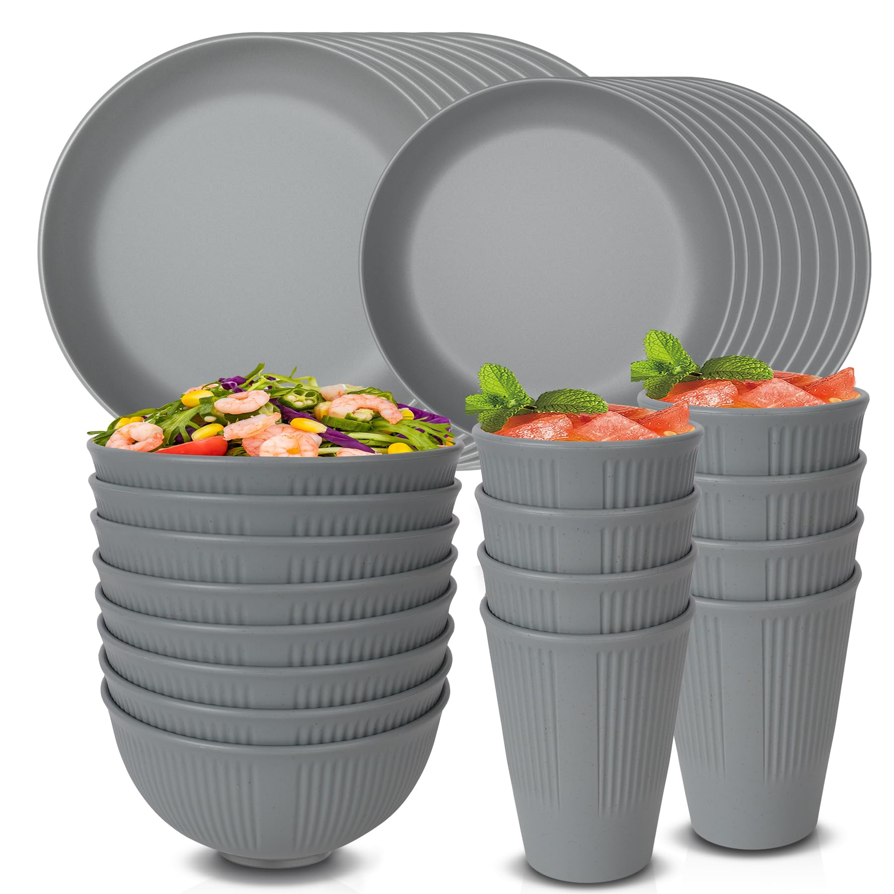 Unbreakable Dinnerware Sets for 8 Peple, Plastic Plates and Bowls Set Reusable Tableware Set, Microwave Dishwasher Safe, Camping Picnic Home Party Dinner Set 16pcs Plates, 8pcs Bowls, 8pcs Cups, Grey