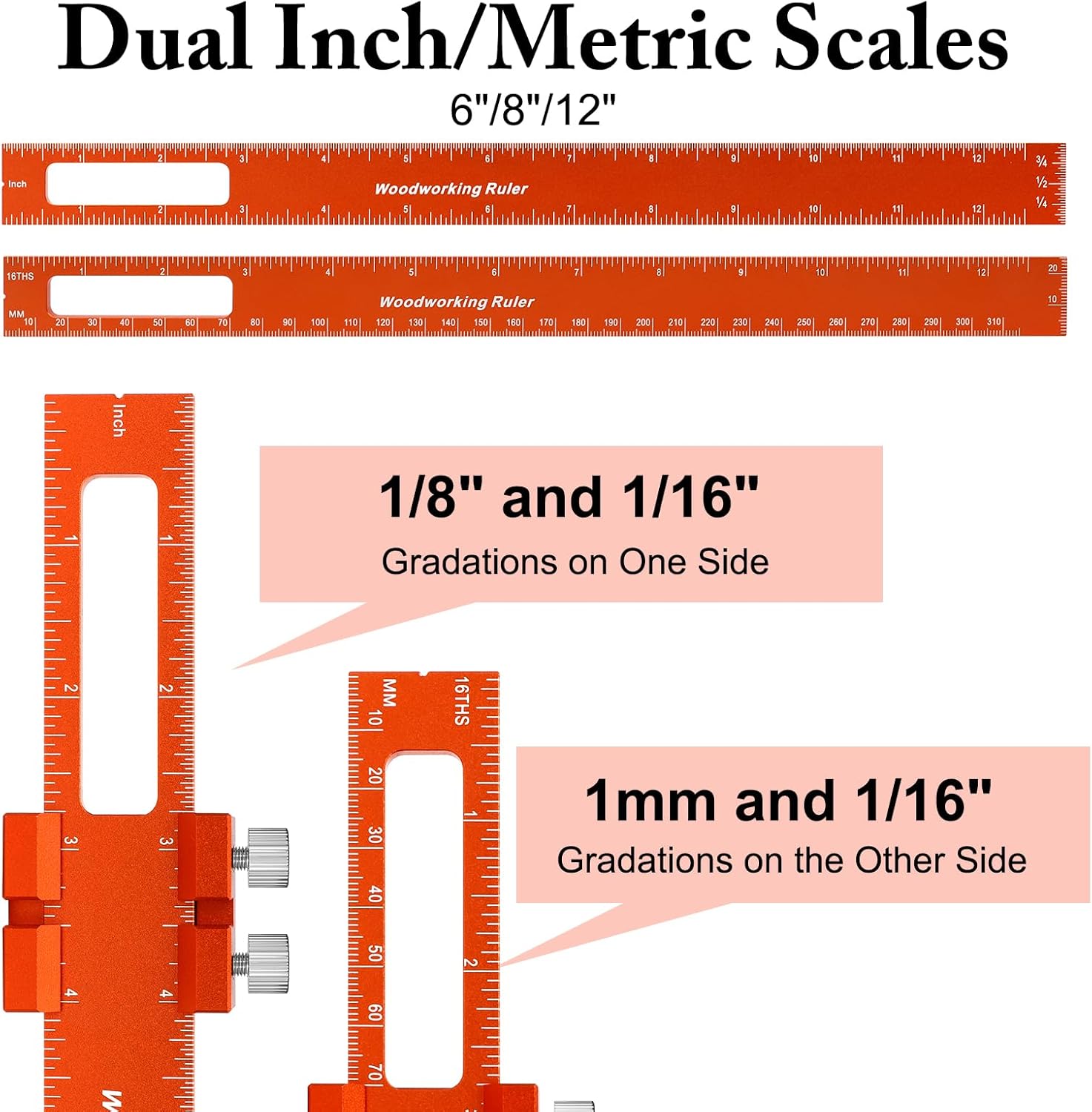 Cabinet Hardware Jig Tool - Adjustable Drill Template for Handles & Pulls on Drawers/Doors And Woodworking Ruler Set 3PCS(6/8/12-Inch) - Precision Aluminum Pocket Rulers with Dual Inch & Metric Scales