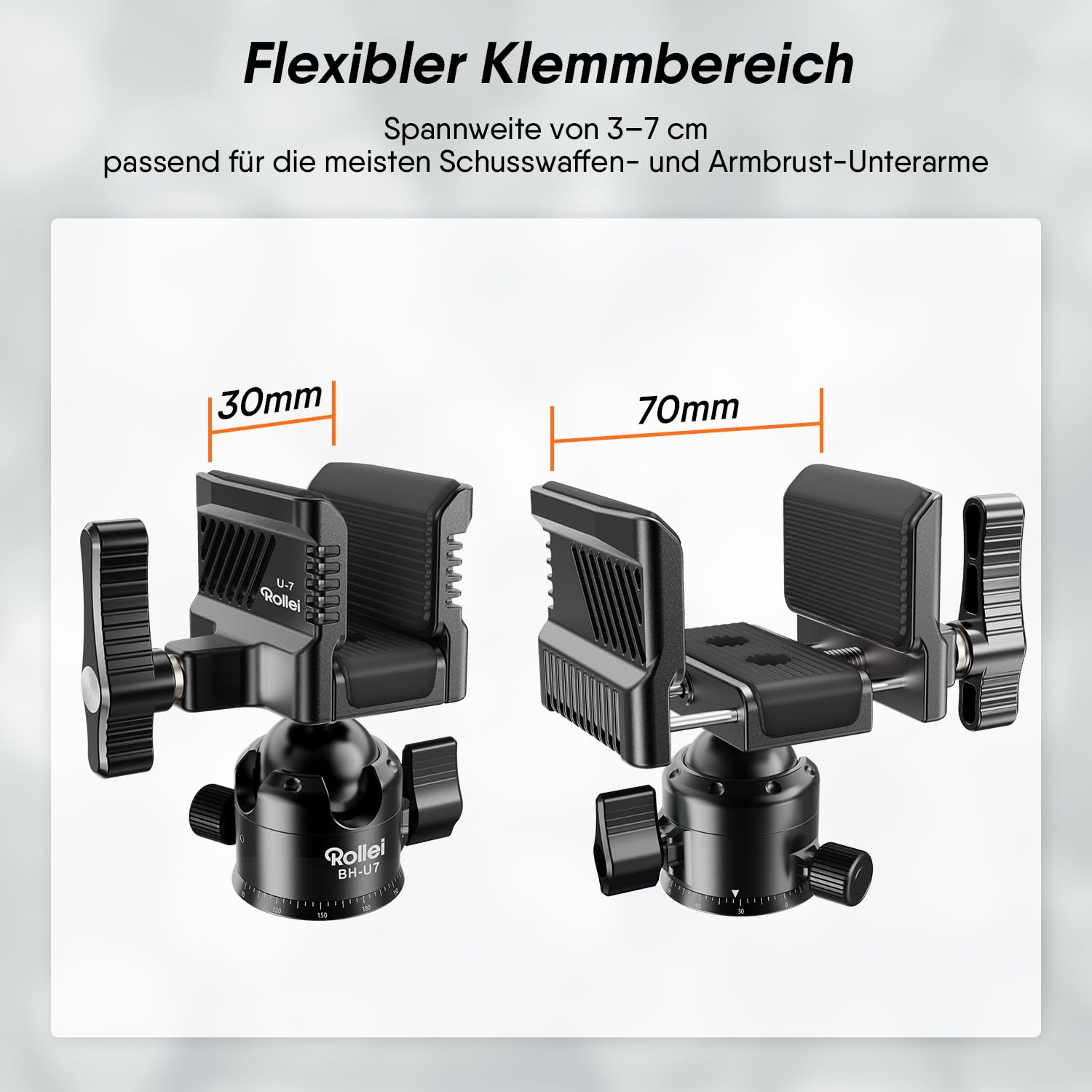Rollei Gewehrklemme mit Kugelkopf BH-U7, 360° Drehung Jagd Zubehör Spannweite von 3–7 cm aus Aluminium & Gummi für Ggewehrauflage Einschießbock 10 kg Tragkraft 600 Gramm