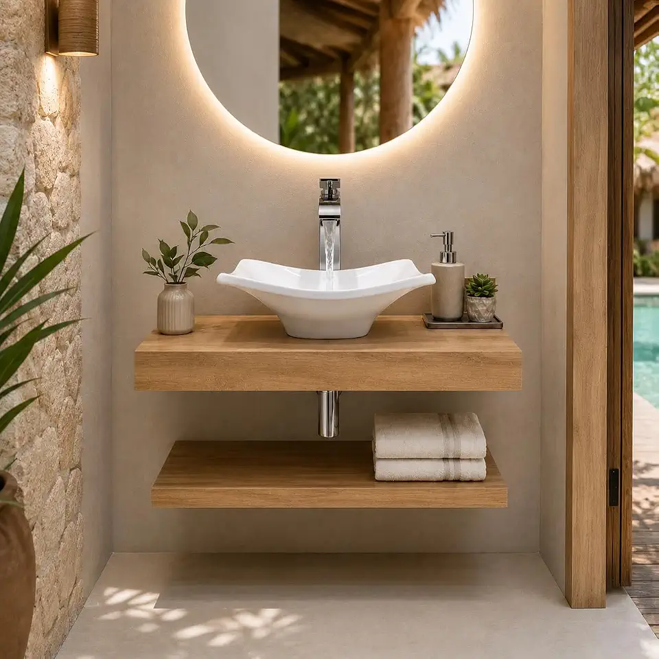 Kit Bancada e Prateleira 100% Porcelanato + Cuba + Torneira Para Banheiro, Lavabo Elegante e Prático em Porcelanato Premium (Amadeirado, 60x45)