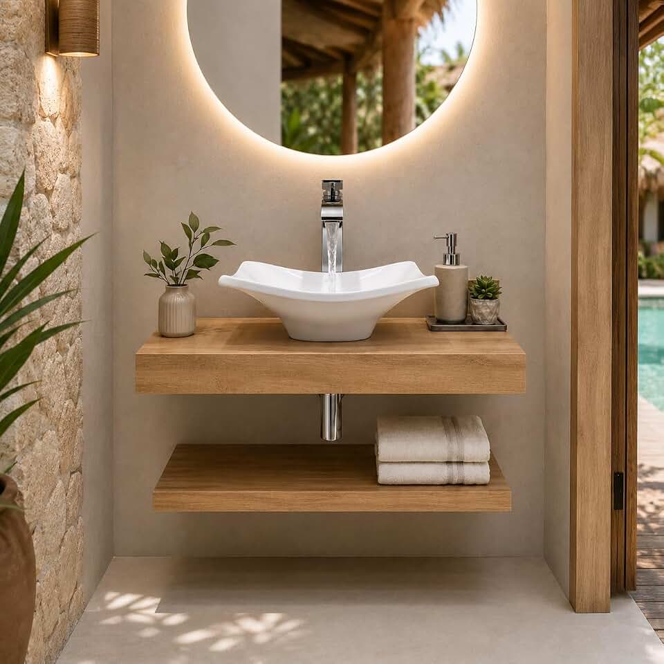 Kit Bancada e Prateleira 100% Porcelanato + Cuba + Torneira Para Banheiro, Lavabo Elegante e Prático em Porcelanato Premium (Amadeirado, 60x45)