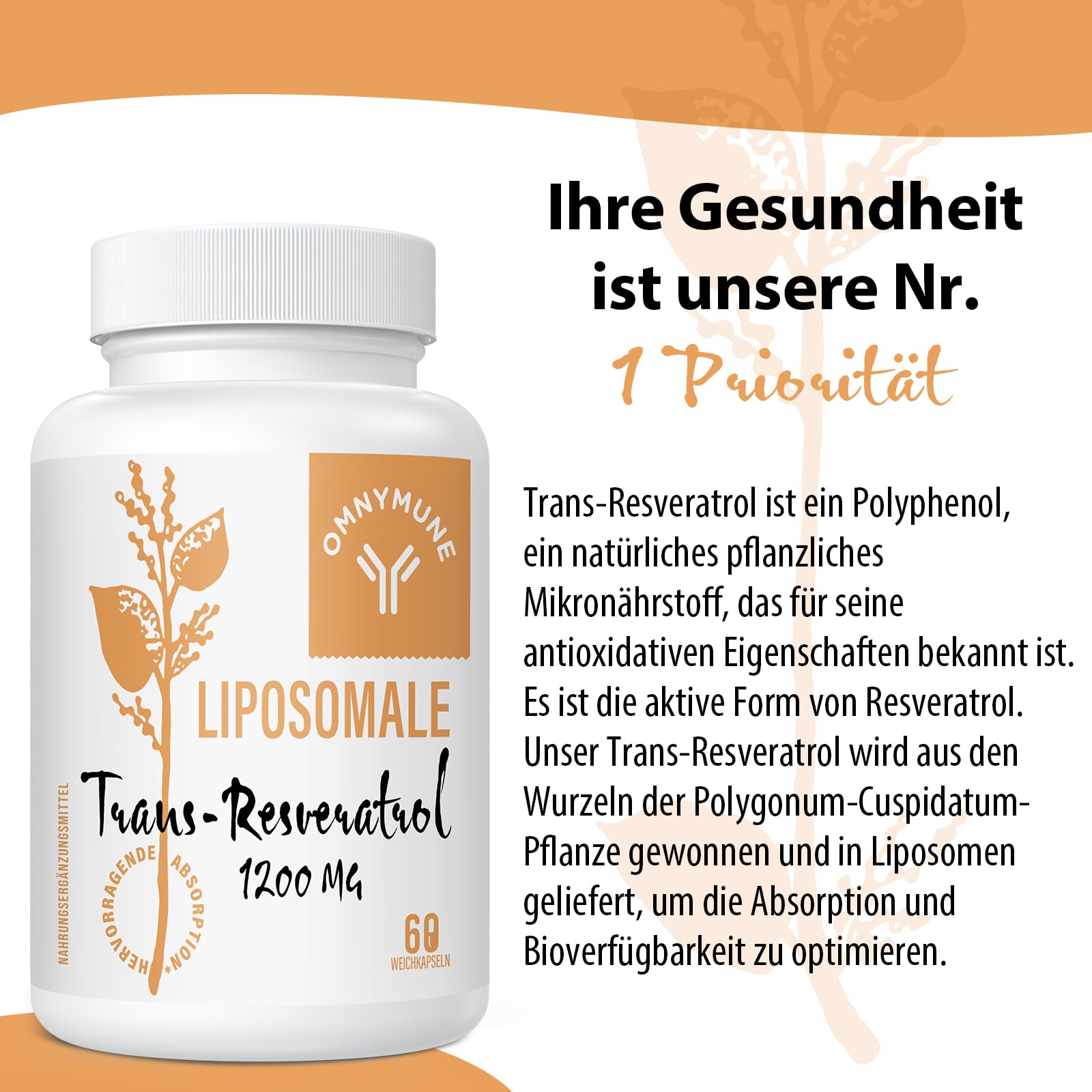 Resveratrol Liposomal 1200 mg, Trans-Resvératrol Pur à 98%, Extrait de Renouée du Japon, 60 Gélules