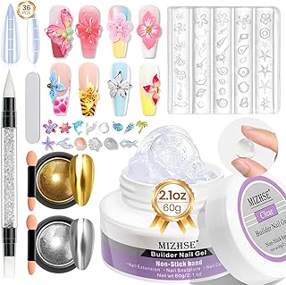 MIZHSE Solid Builder Gel for Nails, Clear 60g 3D Sculpting Gel for Nail Art Non-Sticky Molding Hard Gels UV LED Nail Charm with Gold Chrome Nail Powder and 3D Silicone Flower Mold Kit for DIY Salon