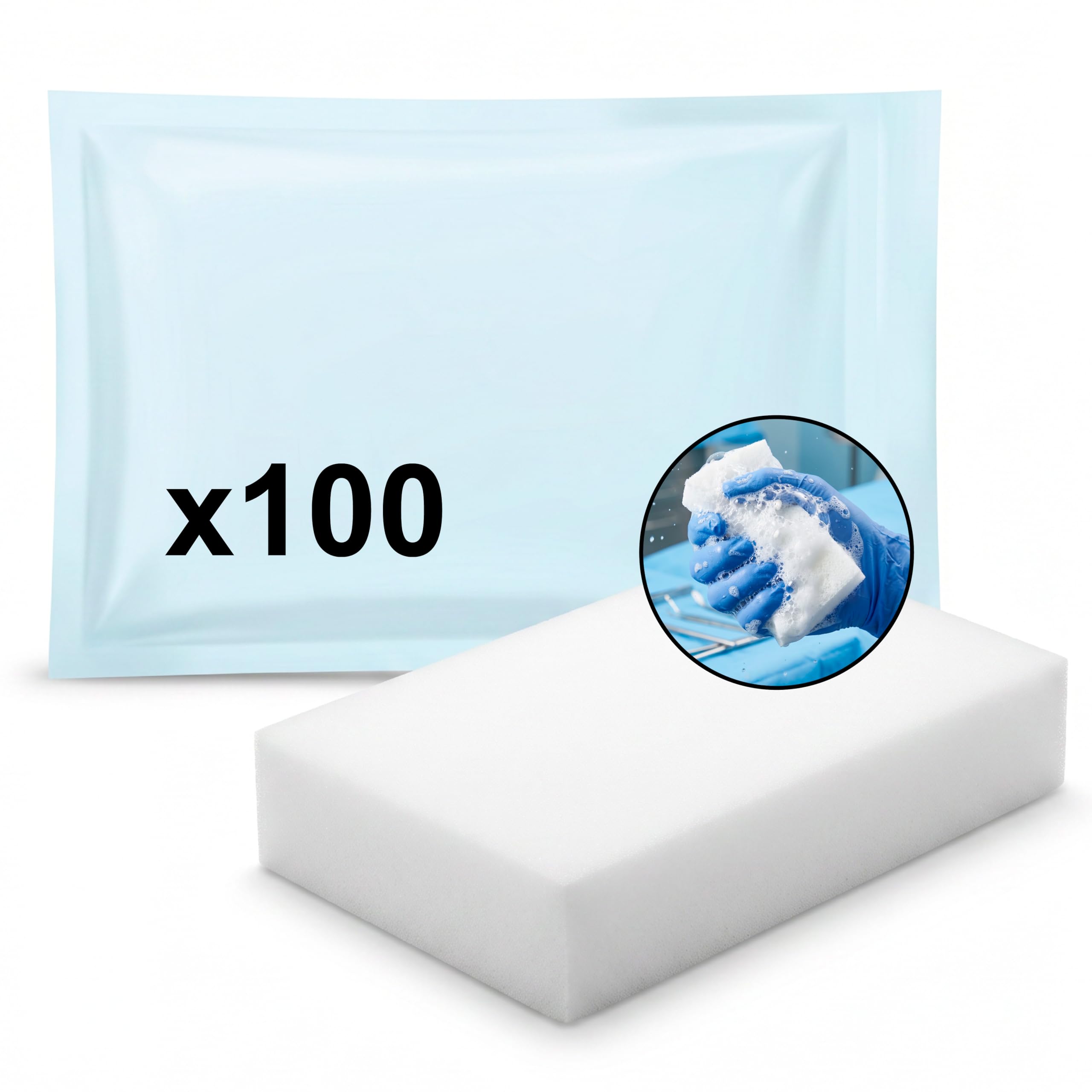KMINA Esponjas Jabonosas Antisépticas Clorhexidina 4% Desechables (100 uds) | Poliuretano Impregnado con 20 ml de Solución CHG por Pieza, Espuma Abundante, para Lavado Higiénico de Manos y Piel