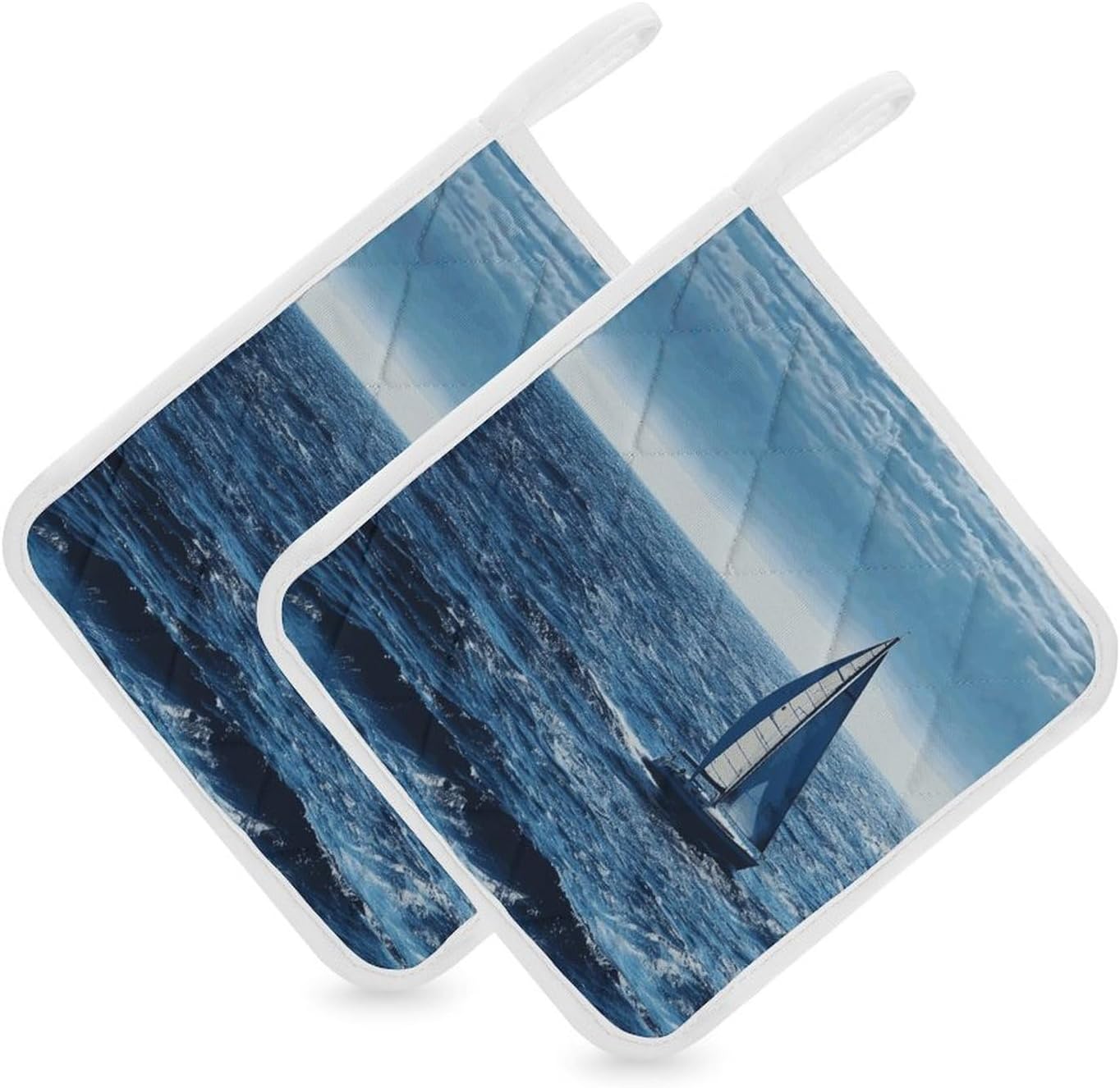 Pot Holder Set of 2 Blue Sea Sailboat Printed Potholders for Kitchens Heat Resistant & Non Slip Potholders for Kitchen Cooking Baking BBQ