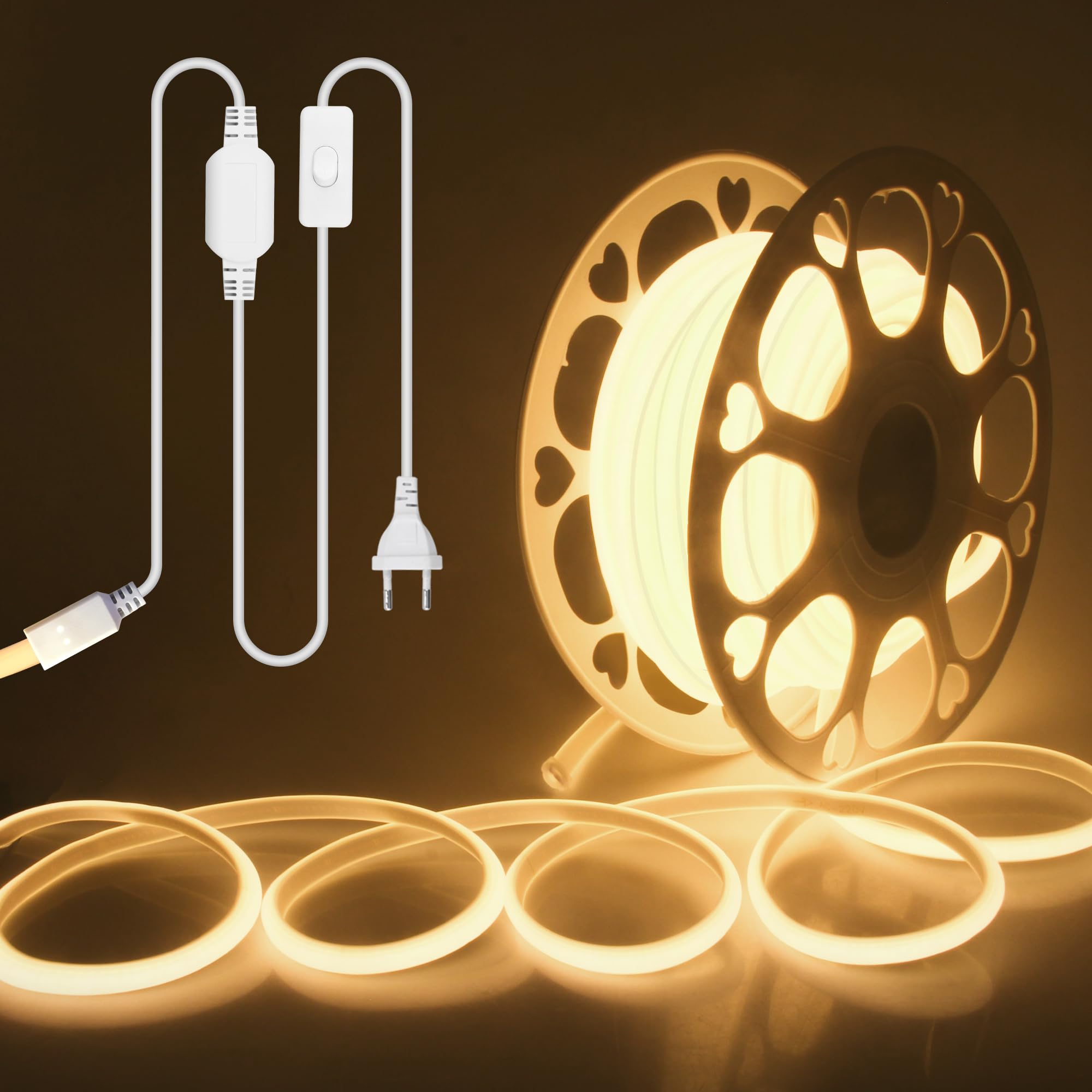 ALITOVE Striscia LED 20 m, per esterni, impermeabile, COB LED, luce bianca calda, 3000 K, 230 V, collegamento diretto con interruttore per camera da letto, giardino, terrazza, illuminazione fai da te
