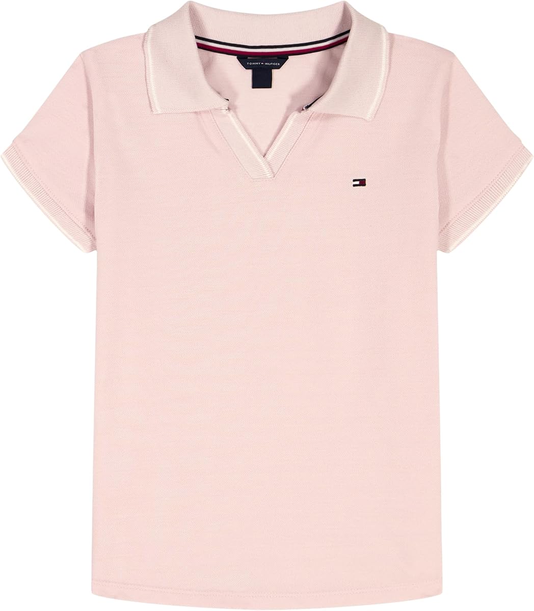 Polo de manga corta para niña, tapeta con cuello de pico y cuello de canalé