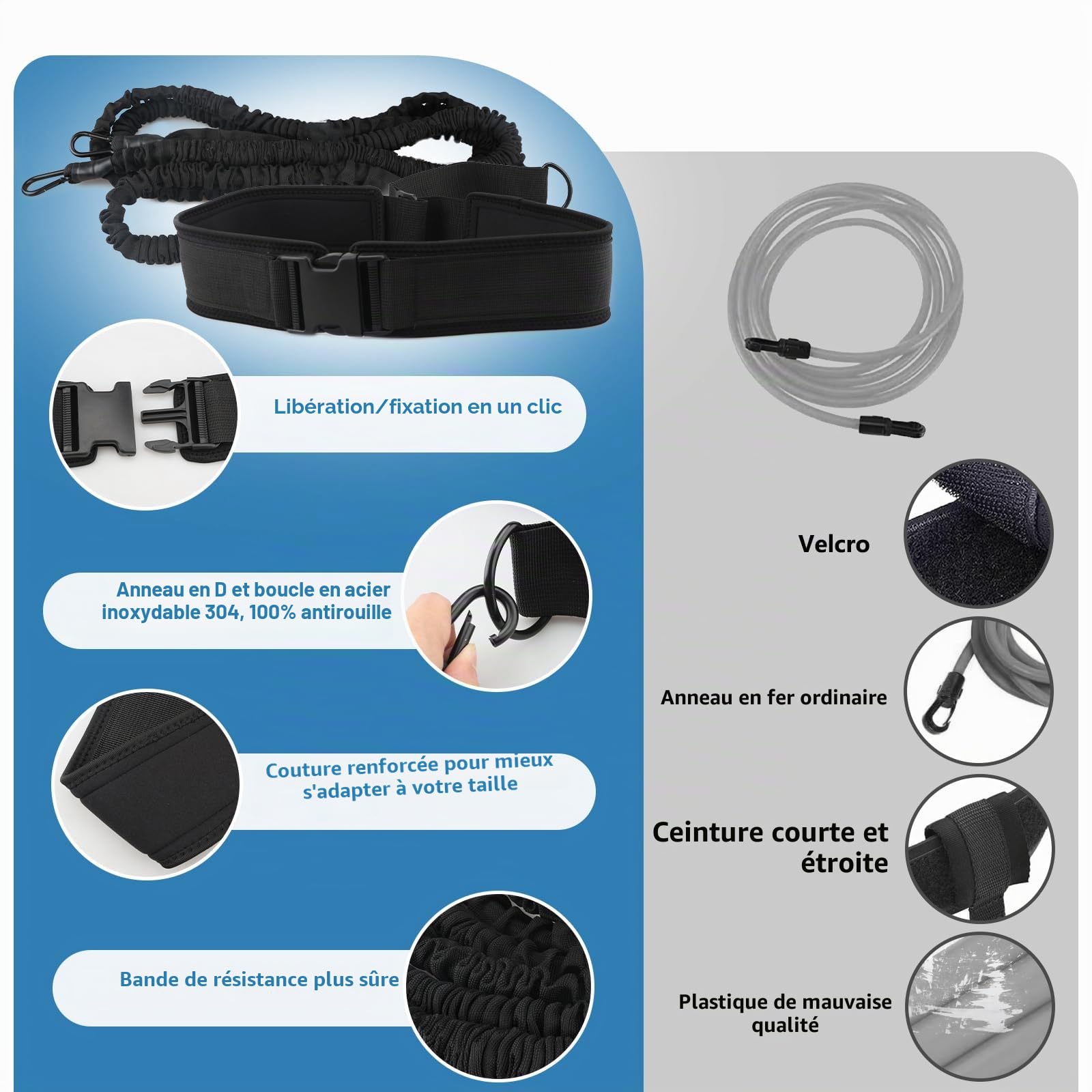 Ceinture de natation premium pour adultes pour piscine, ceinture de 3,5–8,5 m avec élastiques en caoutchouc, aide à la nage pour adultes, adaptée aux débutants et aux professionnels, pour