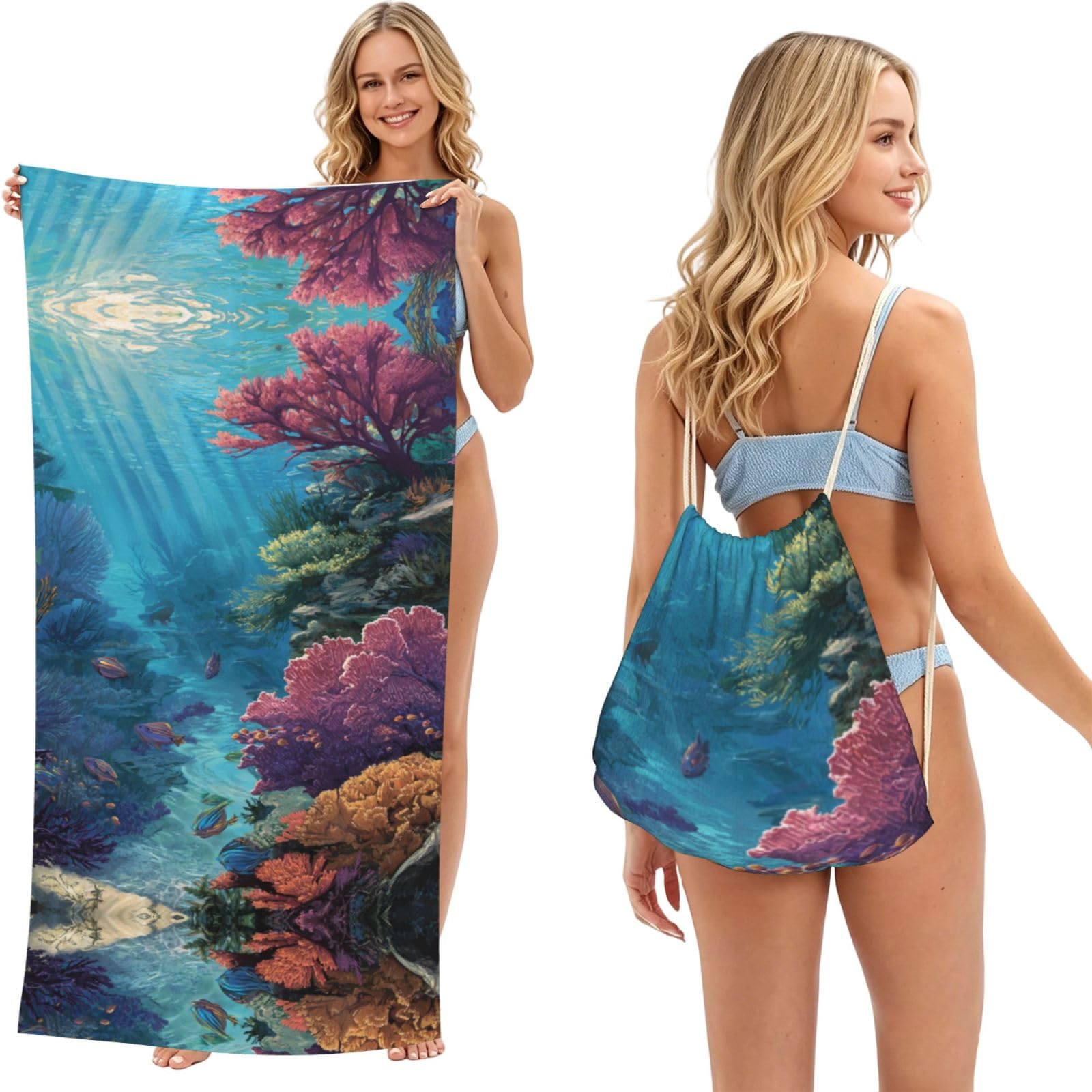 ESNAIUVCD Reef Scenery Print Beach Towel For Adults,Towel With Drawstring Bag, Travel Pool Swimming Sports Shower Sand Free Quick Dry Bath Towel For Pool, Beach, Yoga- 180x60cm