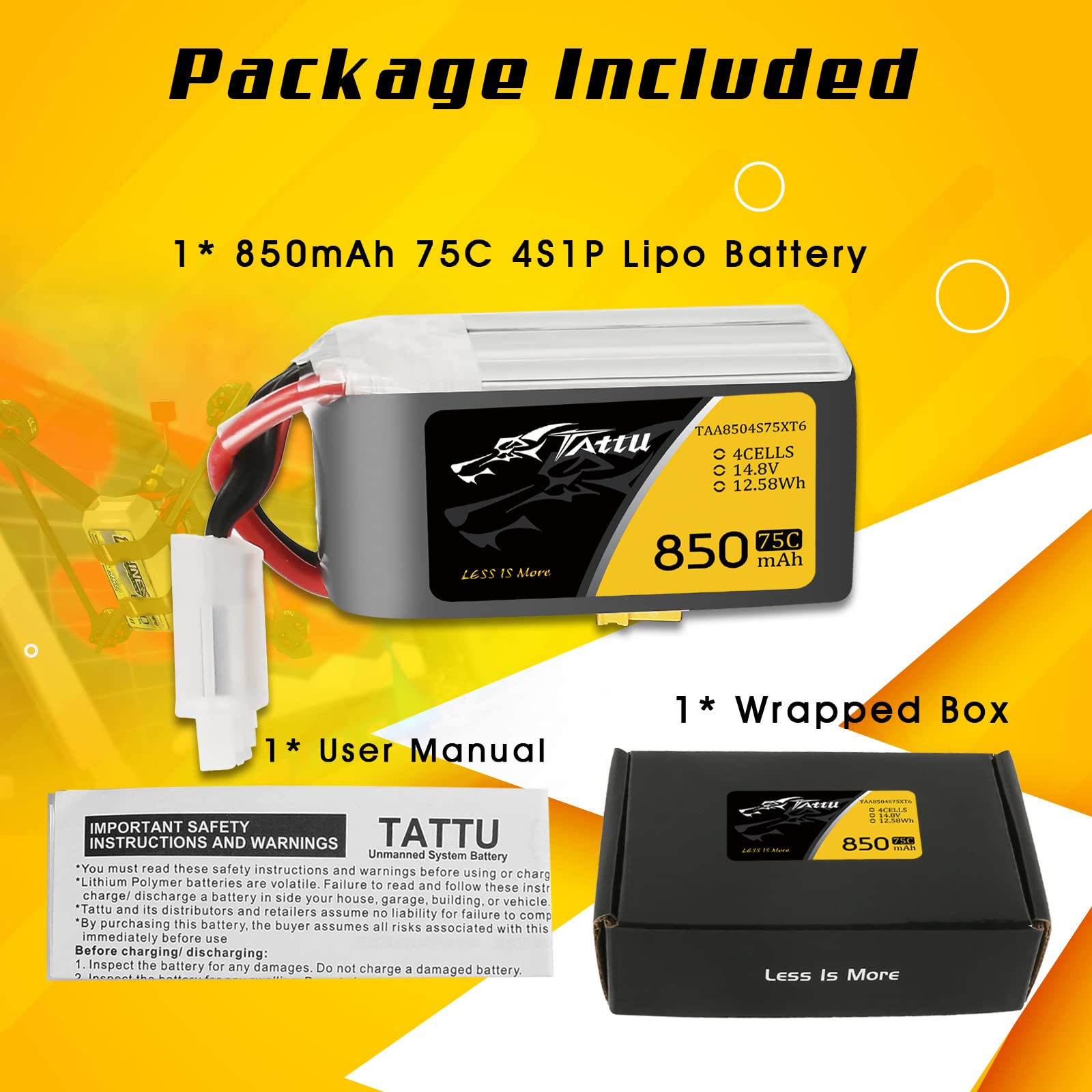 Tattu 4S Lipo RC akumulator 850 mAh 75C 14,8 V Softcase akumulator z wtyczką XT60 do FPV Quadcopter Mini Drone Aeroplane