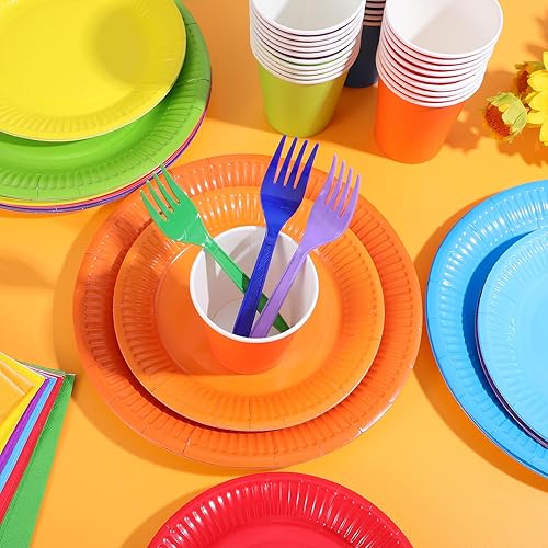 Miniatura 4 de Juego de 240 piezas de vajilla de fiesta de arco iris, 60 platos de papel coloridos y servilletas de 9 onzas, paquete completo, juego de vajilla