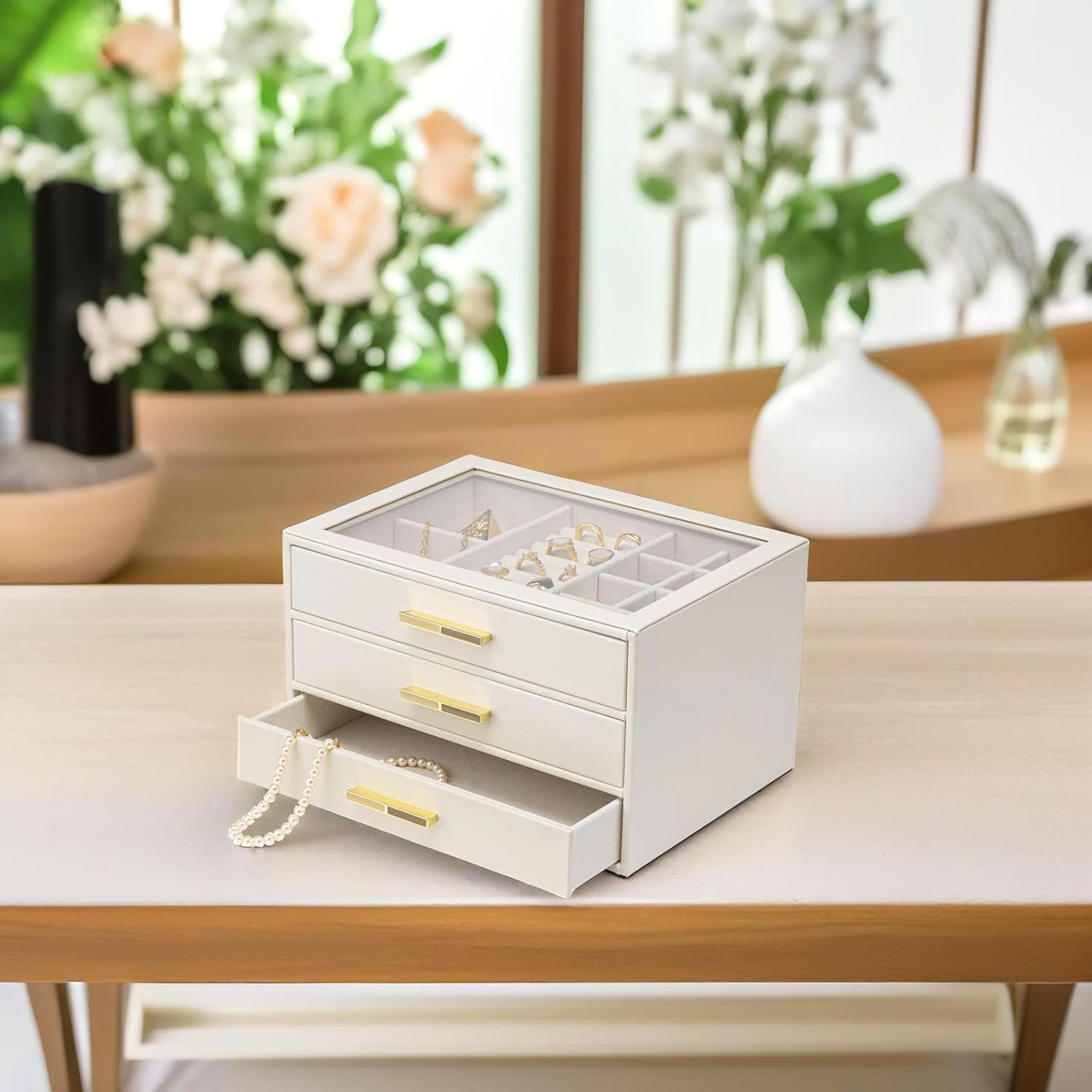 VLANDO 3-Drawer Jewelry Box with Glass Lid, Faux Leather Organizer for Rings Earrings Necklaces and More, Gift-Ready Jewelry Case for Women Girls or Moms, Beige