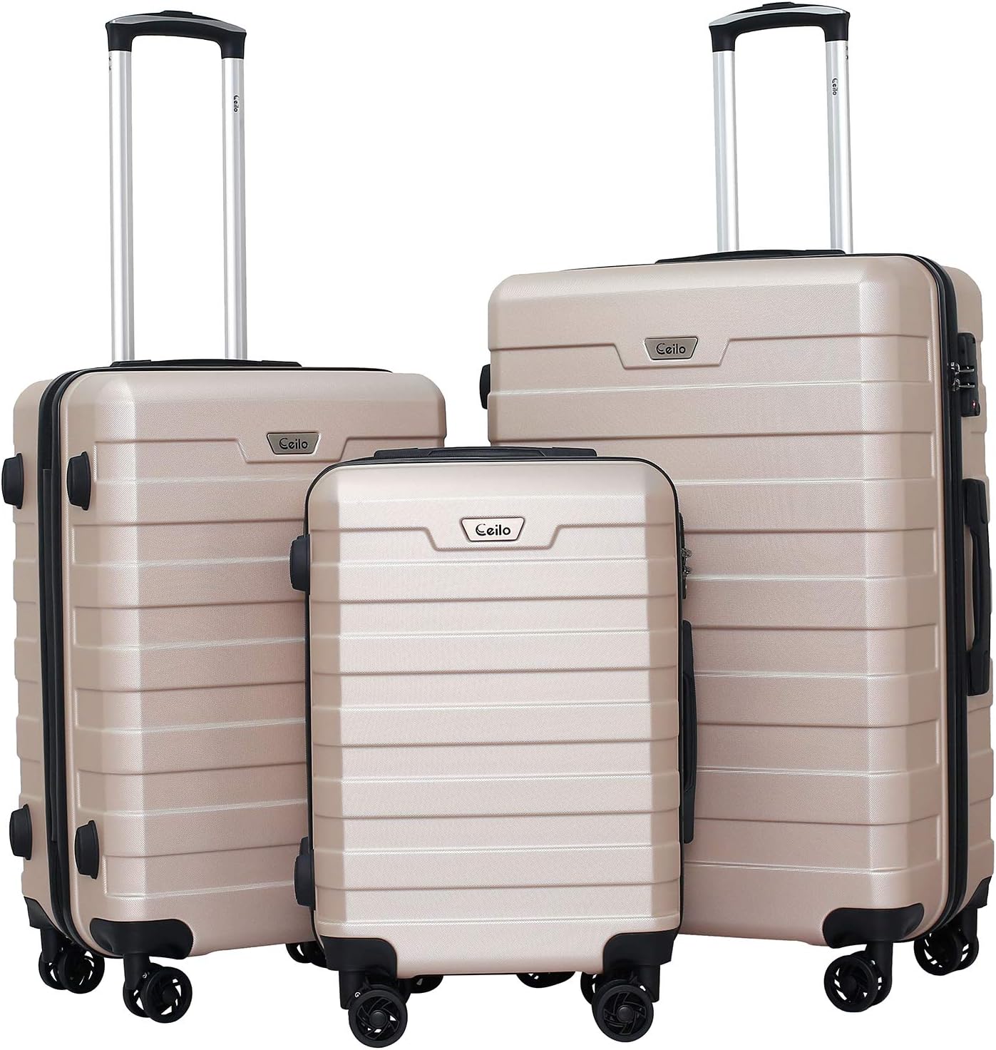 Ceilo Travel 3 Piece Hardside Luggage Set With TSA Lock Aluminum Handle Suitcase Spinner Double Wheels,Champagne, 3-piece Set (20/24/28)