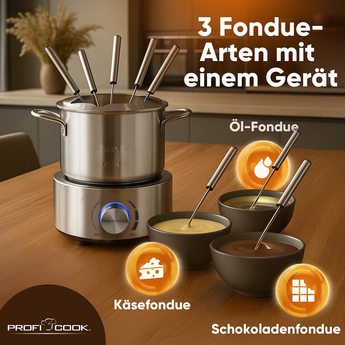 ProfiCook® Fondue elektrisch | für Öl-Fondue, Schokofondue und Käsefondue | inkl. 8 Fonduegabeln | 1,2 Liter | für bis zu 8 Personen | Fondueset Edelstahl | 800W | PC FD 1288