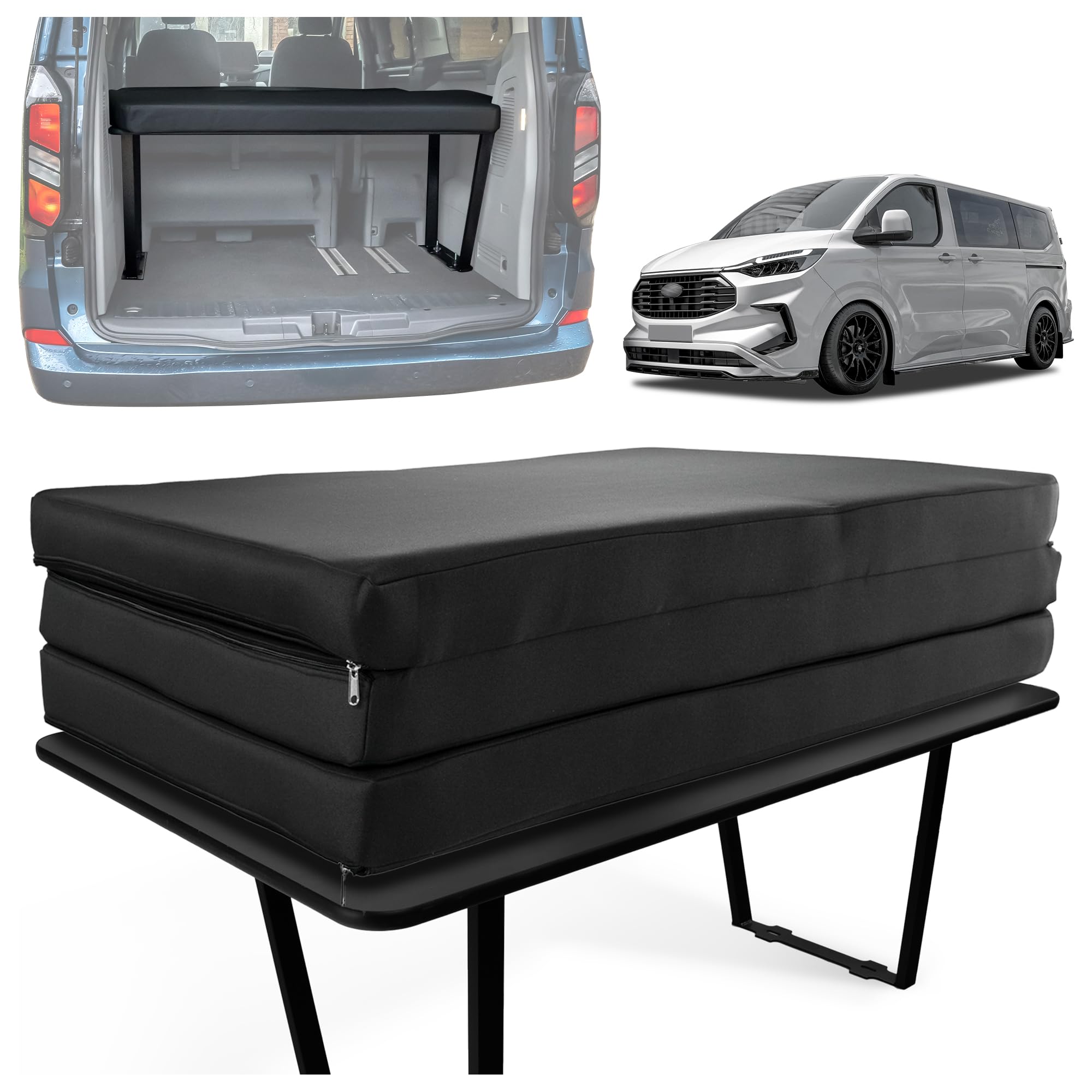 CHROMEMASTER Compatibile con Ford Tourneo Custom II 2023+; Set: Letto Pieghevole per Auto e Materasso per Auto, Materasso Pieghevole; Prolunga del Letto Multiflexboard, Tavolo; Accessori per il Camper