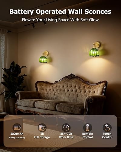 Miniatura 6 de Juego de dos apliques de pared vintage que funcionan con pilas, con pantalla de cristal de tulipán verde, lámpara de pared inalámbrica recargable
