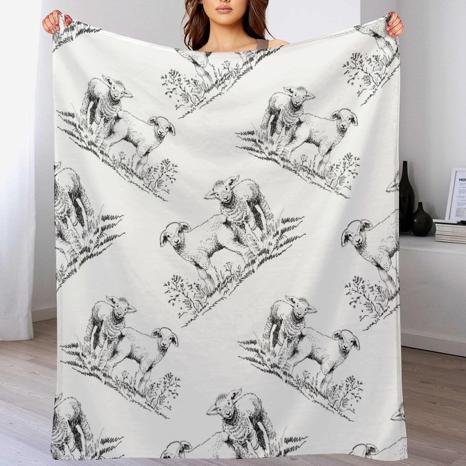 Cute Sheep Blanket Abstract Aesthetic Hand Drawn Sheep Cute Animal Black White Art Print Soft Cozy Lightweight Throw Blanket for Bedroom Living Room Dorm Chair Sofa Travel 60x80in