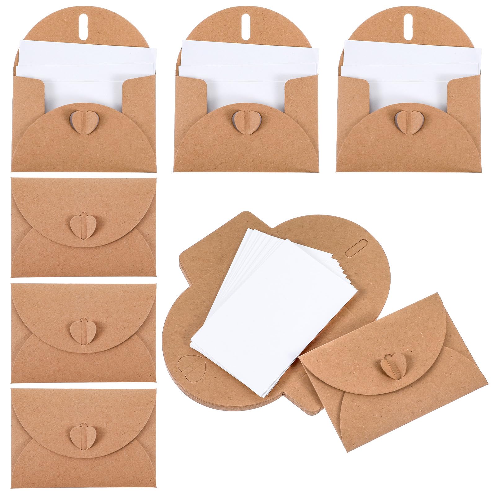 LUBOXIN Leuke mini schattige gekleurde enveloppen met hartsluiting, 48 stuks met 48 lege kaarten voor cadeaubonnen, Kerstmis, Thanksgiving, bruiloft