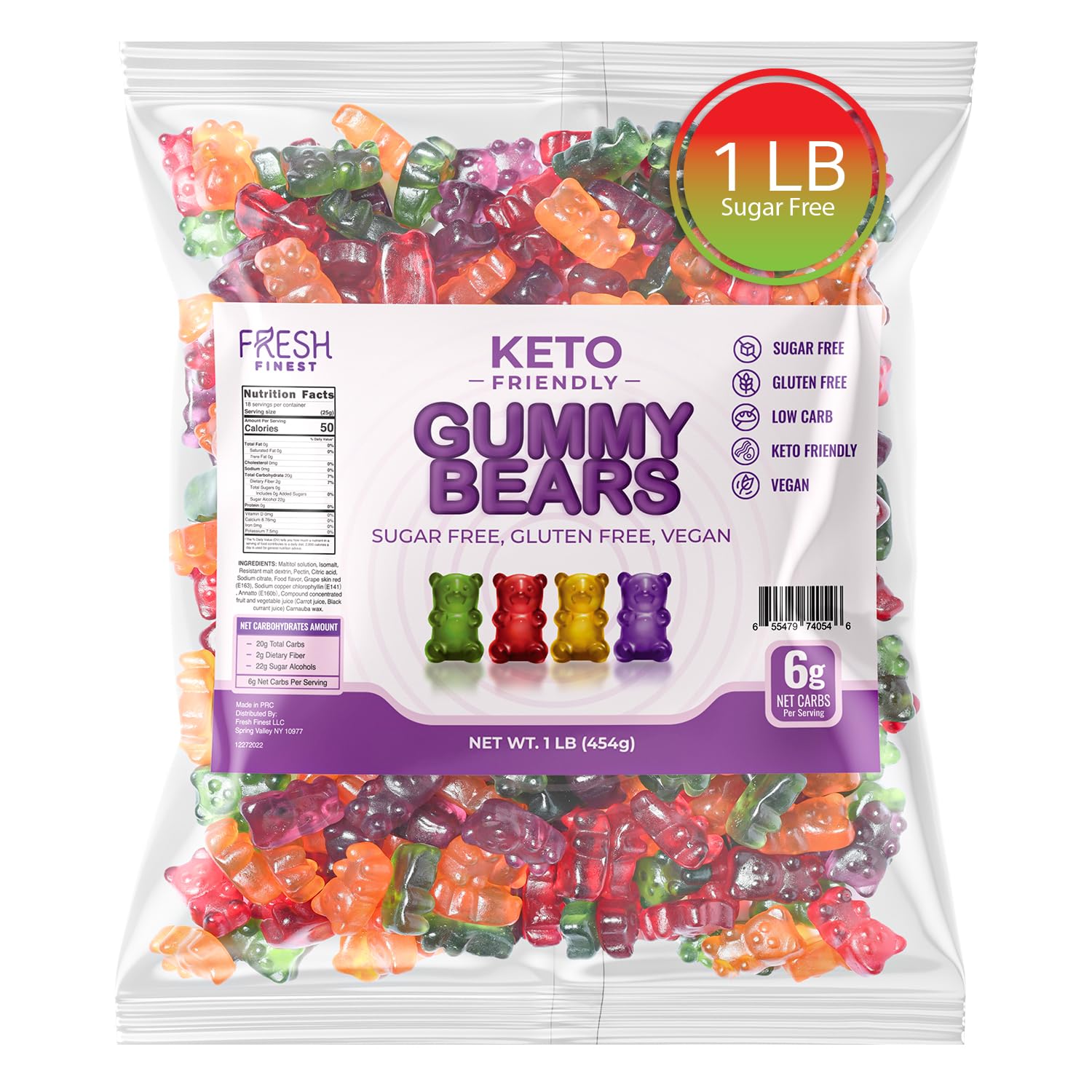 Sugar-Free Gummy Bears - Keto-Friendly Candy with Assorted Fruit Flavors Keto Snacks, Vegan, Gluten-Free, Low Carb, and Sugar-Free Gummies Bulk Pack, 1 lb