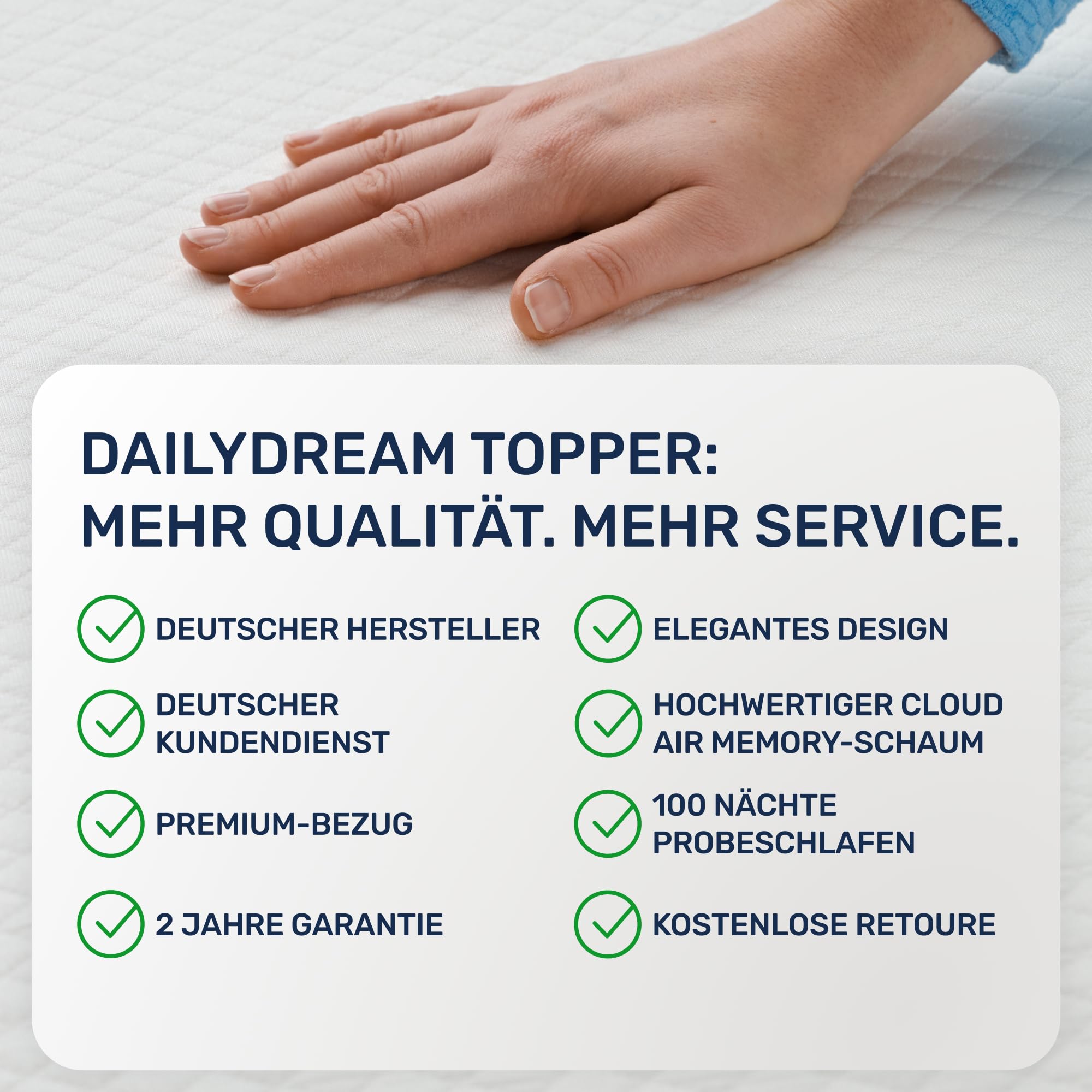 Dailydream Matratzen Topper 180x200cm | Memory Foam | 5cm hoch |H1/2 | Edition Pure, Model M | Zertifiziert & ergonomisch für unbequeme Matratze, Boxspringbett & Gästebett | rutschfest mit Noppen