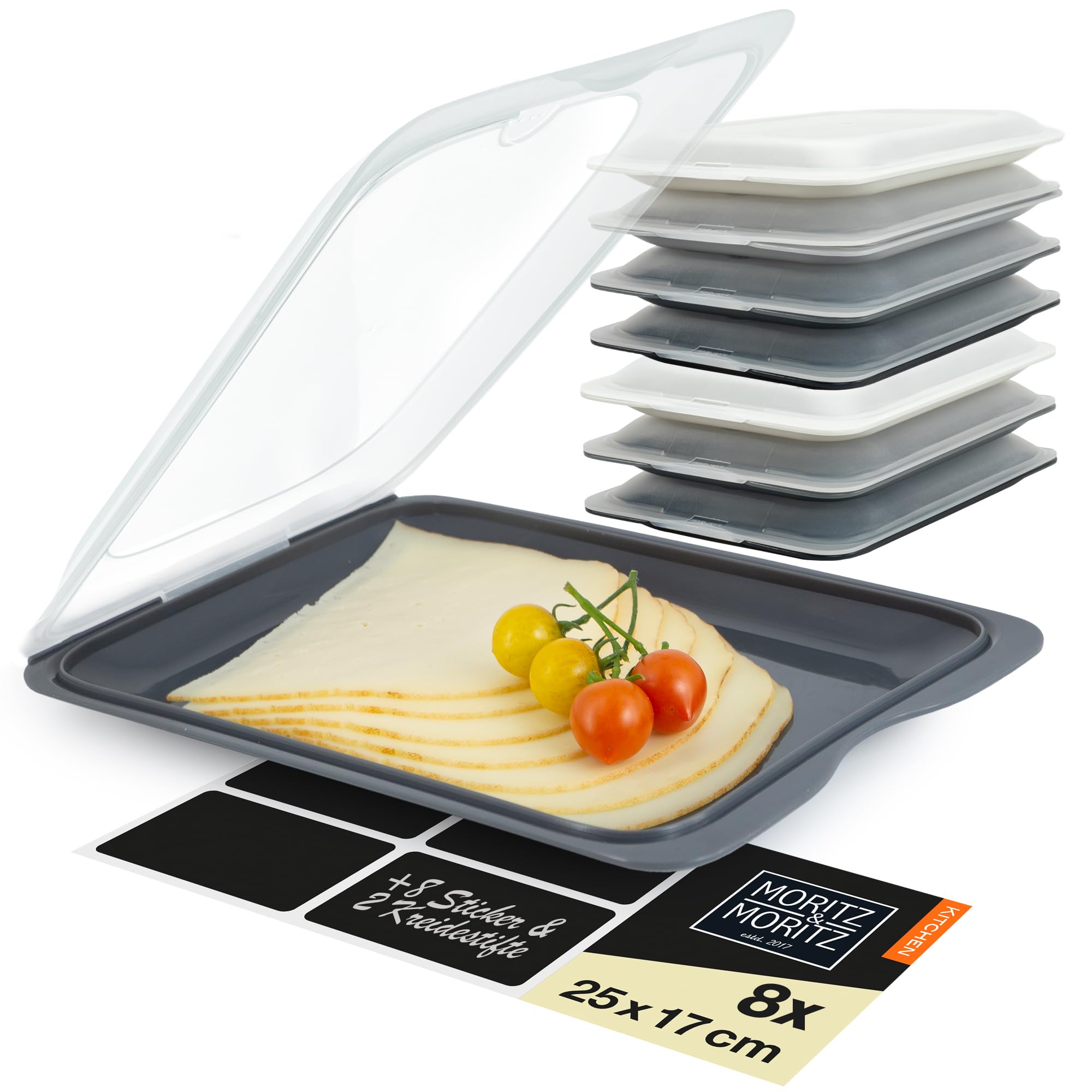 Moritz & Moritz Grey 8X Cold Meat Containers For Fridge - Stackable - Colours - Airtight Cold Cuts Storage Containers With Lids For Storing Cold Meats, Cheese Etc. - With Stickers For Labelling