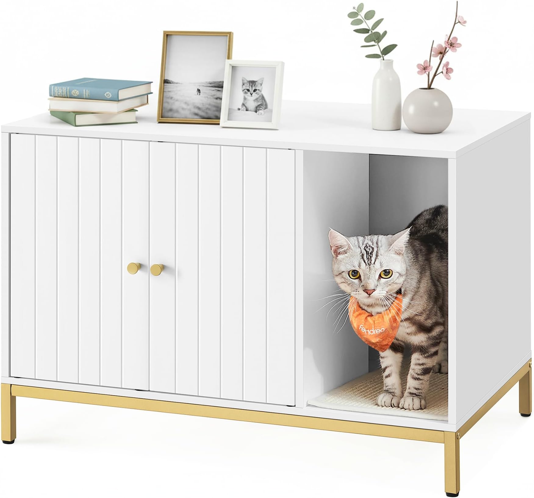 FEANDREA Litter Box Enclosure, Modern Cat Litter Box Furniture Hidden, with Scratching Mat, Tall Legs, Cat House for Indoor Cats, Side End Table, 31.5 x 19.7 x 21.7 Inches, White and Gold UPCL007W01