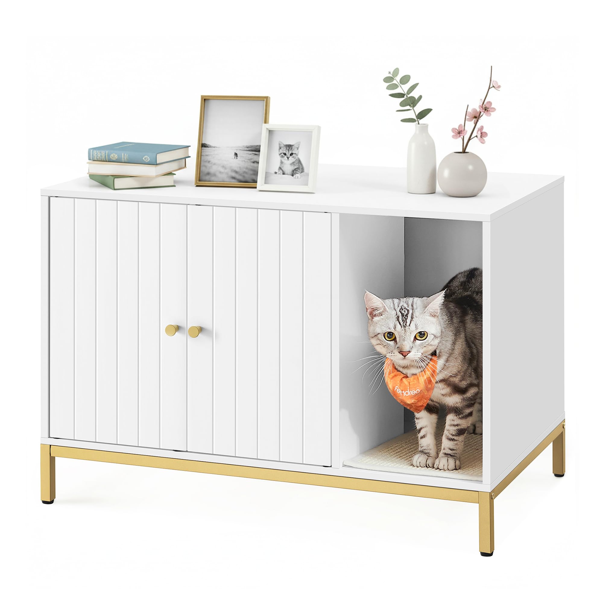 Feandrea Litter Box Enclosure, Modern Cat Litter Box Furniture Hidden, with Scratching Mat, Tall Legs, Cat House, Side End Table, 31.5 x 19.7 x 21.7 Inches, White and Gold UPCL007W01
