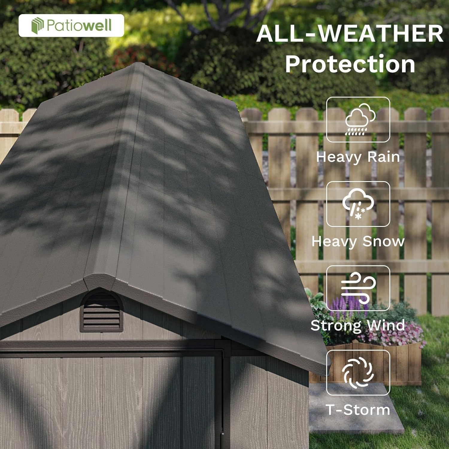 Graphic illustrating the all-weather protection features of the Patiowell shed against heavy rain, heavy snow, strong wind, and T-storms.