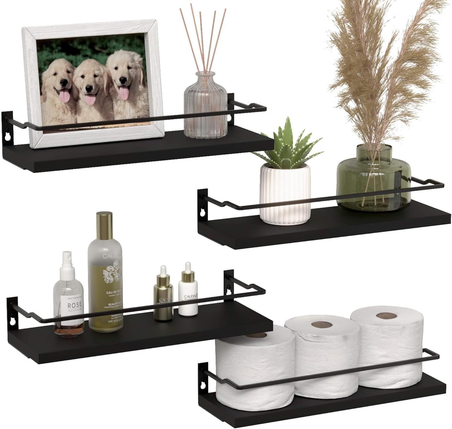 Amazon.com: RICHER HOUSE Bathroom Floating Shelves with Guardrail, Set of 4 Wall Mounted Small ...