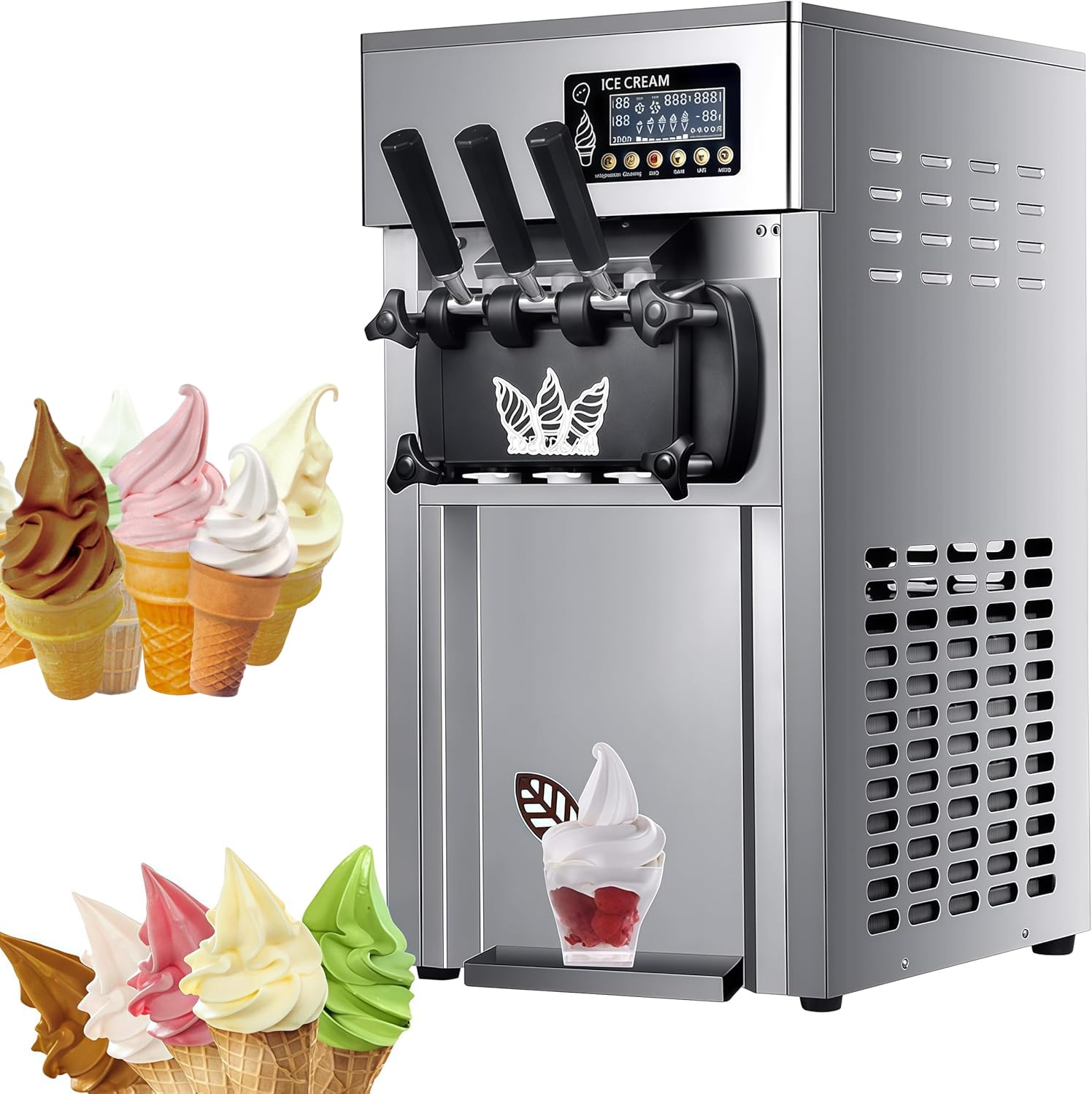 Maszyna do lodów Soft Serve, 1200 W, wyjście 16-18 l/h, 3 smaki, sterowanie mikrokomputerem, automatyczna obsługa w lodziarniach i firmach deserowych