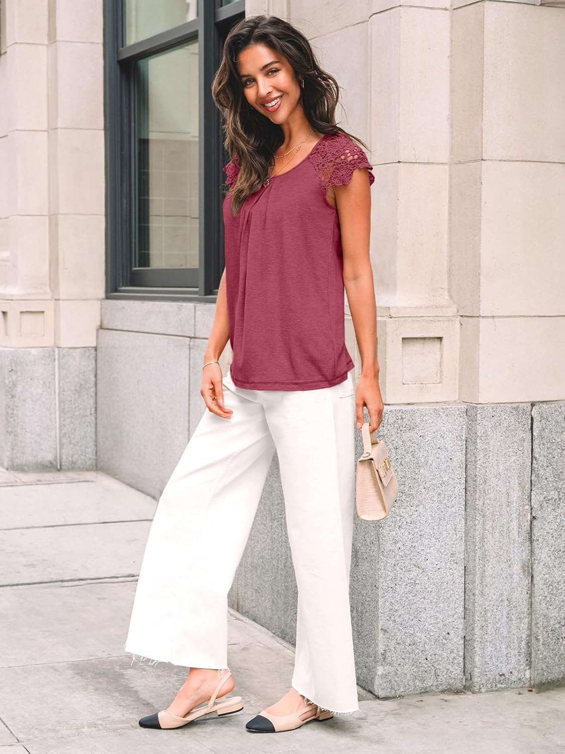 AUTOMET Womens Lace Tops Pleated Short Sleeve Shirts Summer Business Casual Dressy Blouses - Image 3